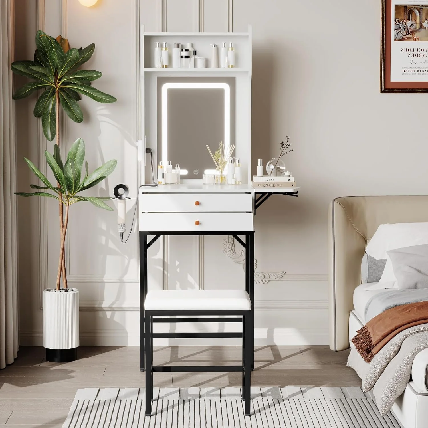 Small Makeup Vanity Desk with Mirror and Lights,Vanity Table Set with Storage Drawer,Hair Dryer Holder,Fold-Up Panel,Stool and Shelves,Compact Makeup Dressing Table for Bedroom Apartments