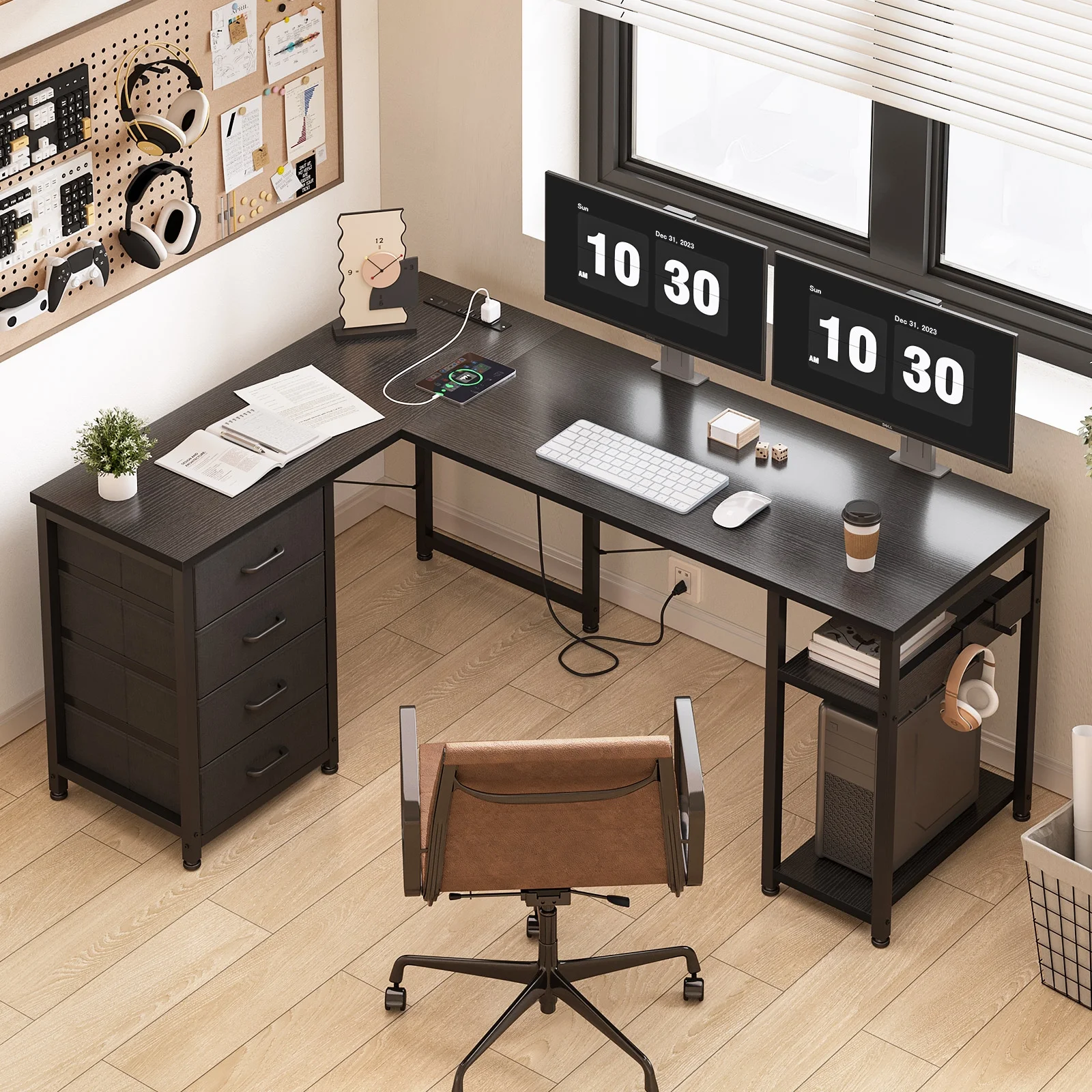 Reversible Modern Simple Style L Shaped Desk with Charging Station and Drawers, Pure Black