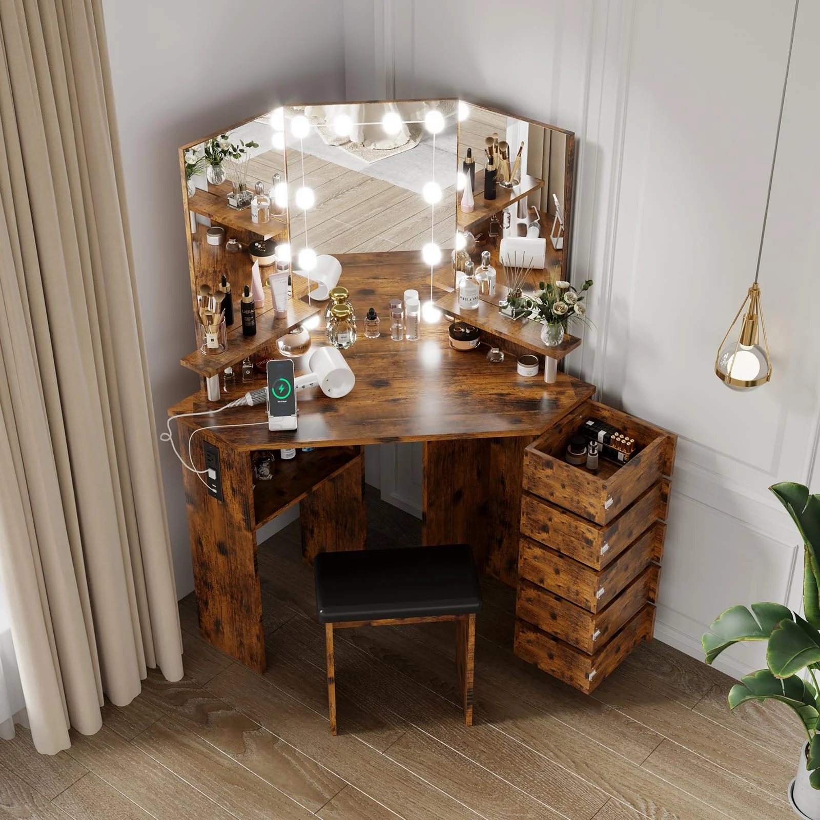 Ataucjin Makeup Vanity Desk With Lights Mirror & Power Outlet Corner Makeup Vanity Table With 5 Rotating Drawers Shelves And Stool 3 Color Lighting Makeup Table Bedroom Dressing Table