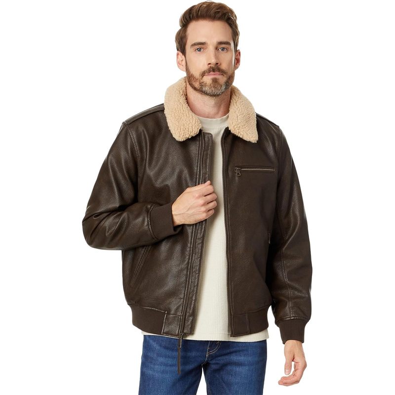 Men's Faux Leather Aviator Bomber Jacket With Sherpa Collar