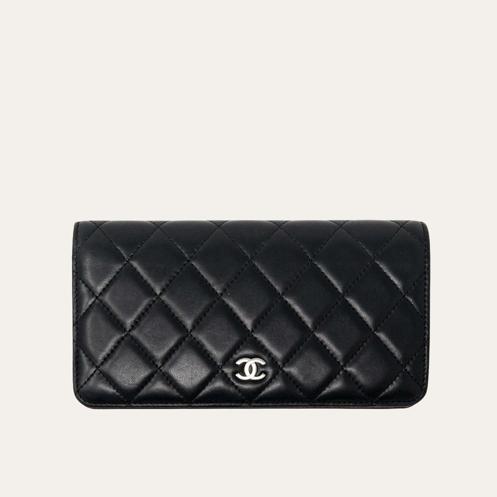 Chanel Quilted Classic Long Flap Wallet With Silver Hardware Black 7.6 Inches