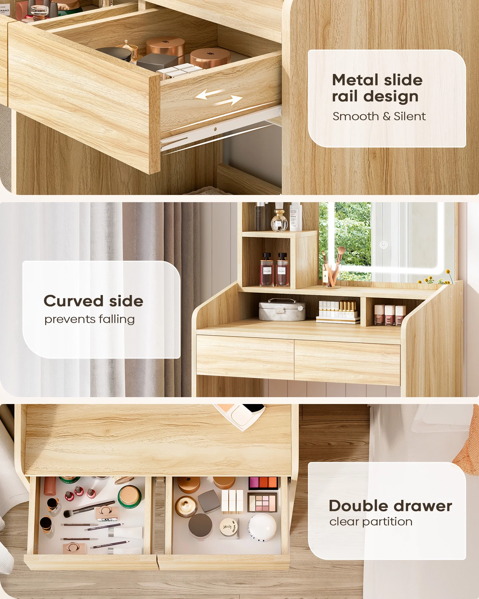 LIVELYGLOW Vanity Desk Set with Square Mirror and Light- Small Vanity Table with Drawers- White