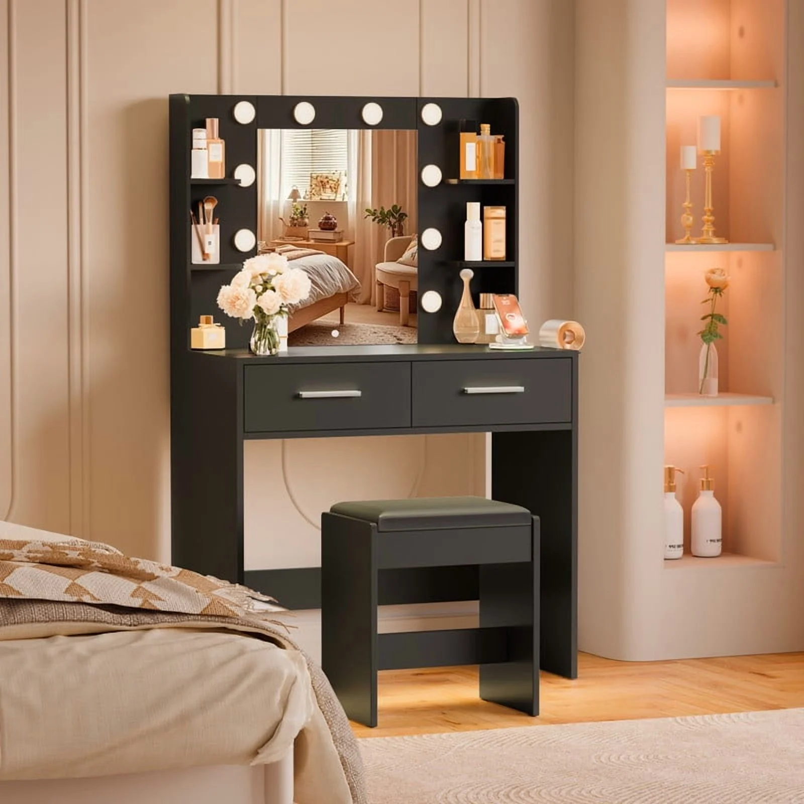 Furmax Makeup Vanity Table and Chair Set with 3 Modes Adjustable Lights and Mirror Vanity Desk with Shelves and Drawer, White