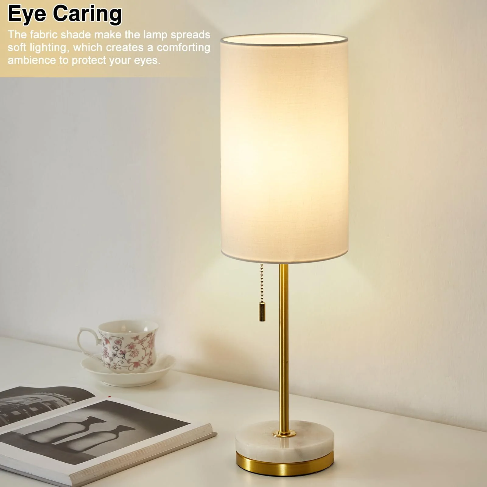 NATYSWAN Minimalist Table Lamp Set of 2, Nightstand Lamp for Bedroom Living Room, Modern Pull Chain Bedside Lamp with Marble Base, Fabric Shade, Small Desk Lamp for Home, Office, Reading