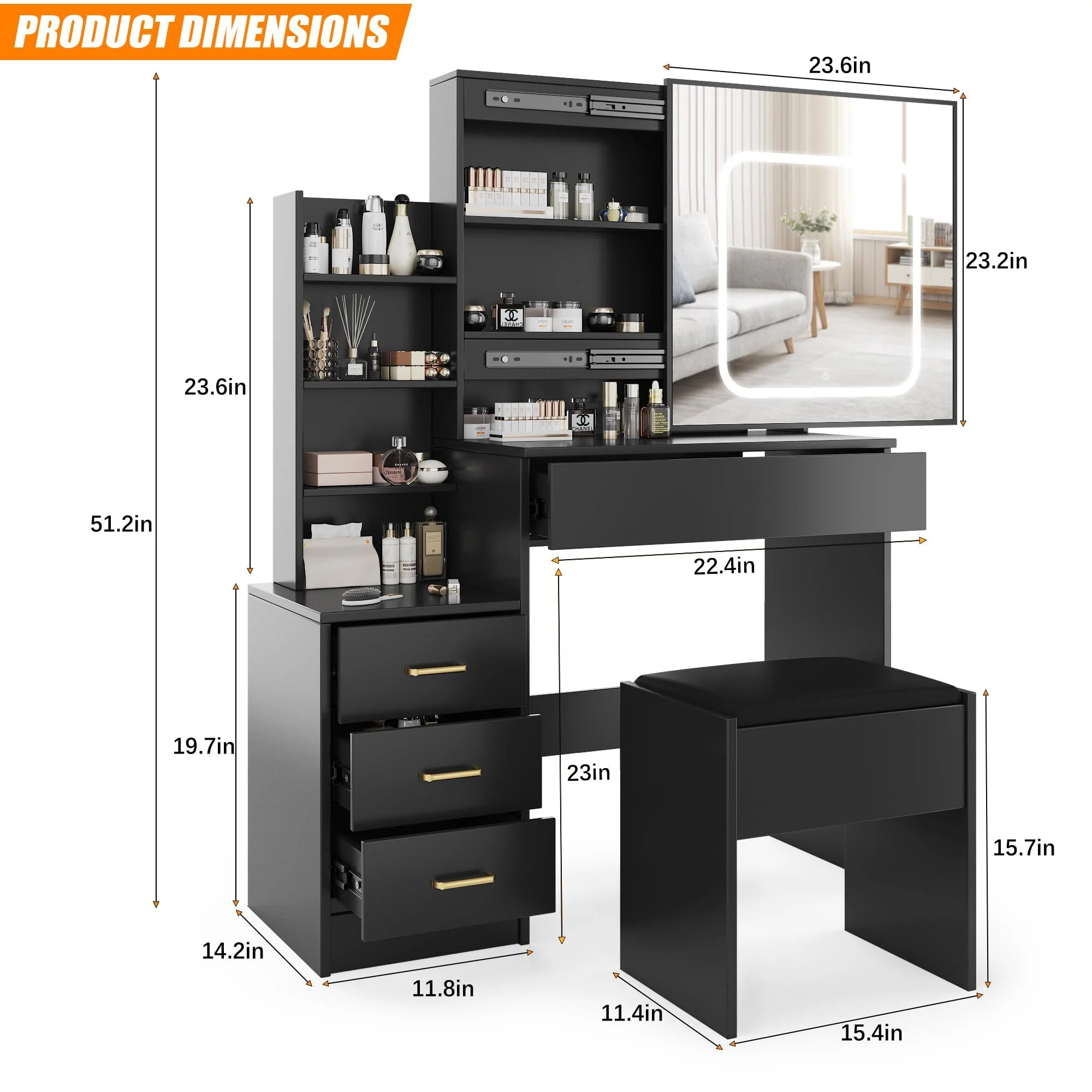 Vanity Desk with Sliding Mirror & Lights, Makeup Vanity Set with Charging Station 4 Drawers 7 Shelves, Large Vanity Set with Cushioned Stool for Bedroom, White