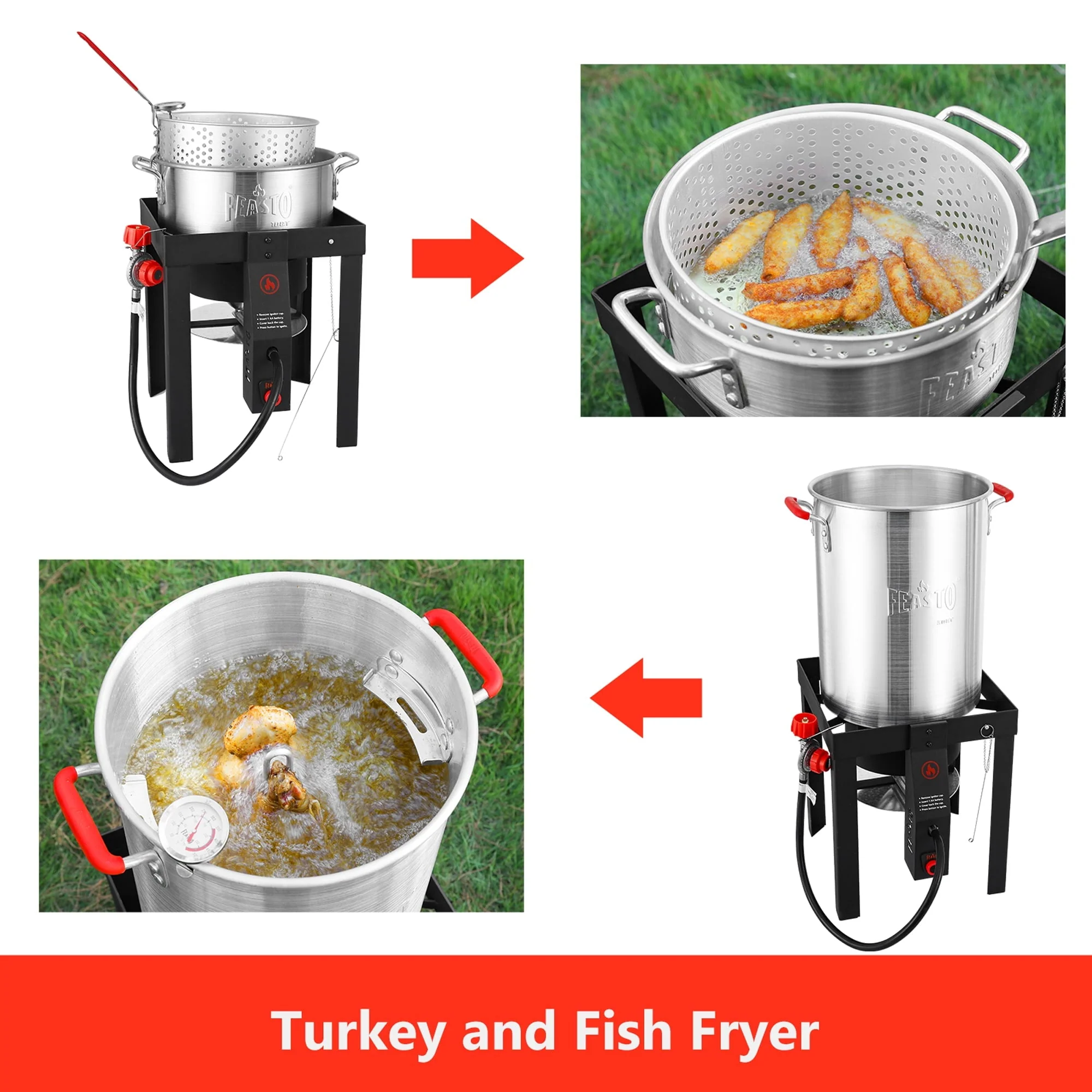 FEASTO Turkey Fryer and Fish Boiler Set with 30 Qt and 10 Qt Aluminum Pots Set, Auto Ignition,55000BTU Propane Burner for Outdoor Cooking