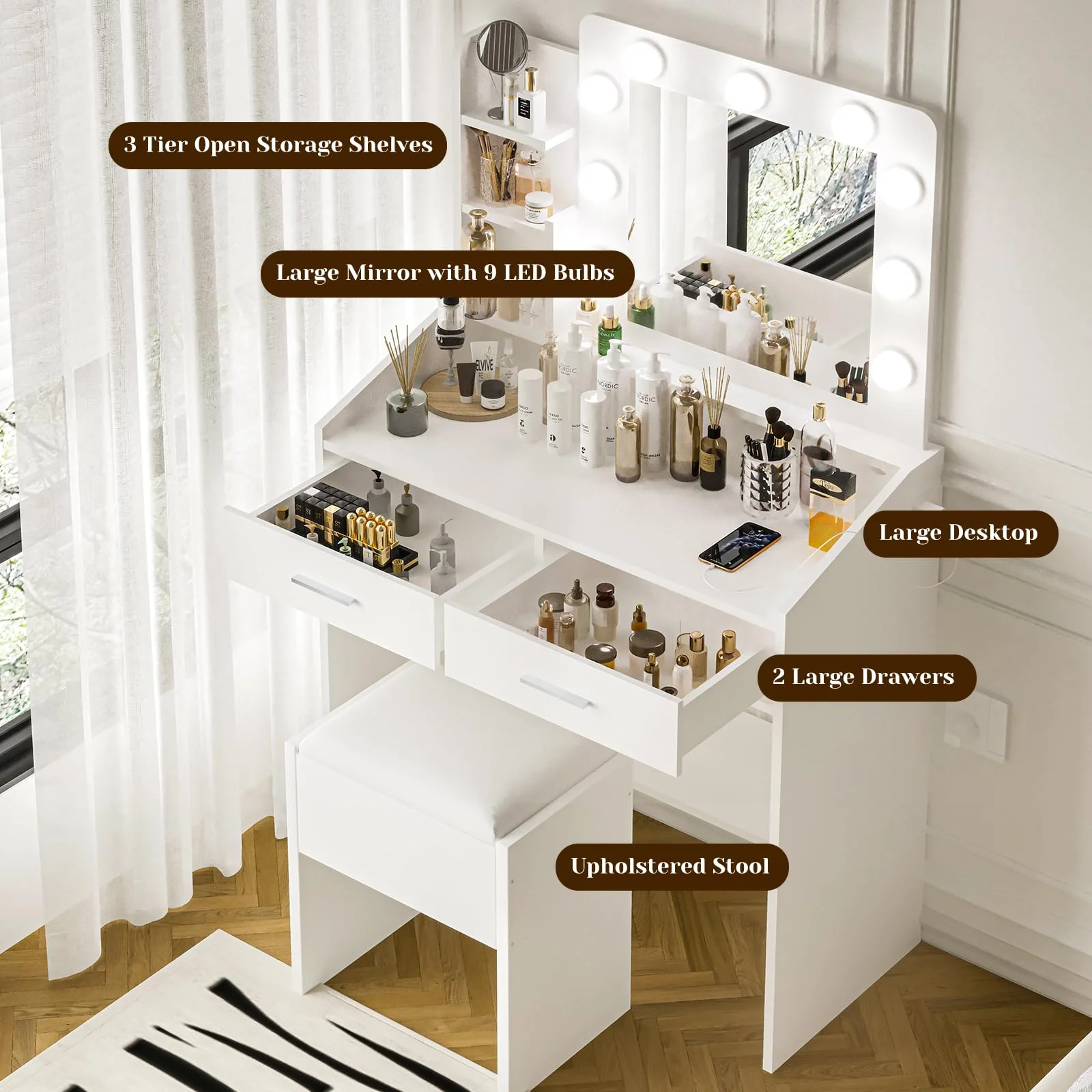 Yeshouse Vanity Desk with Mirror and Lights, White Makeup Vanity with 2 Drawers, 3 Light Mode and Brightness Adjusted, Makeup Table for Bedroom, Desk and Chair