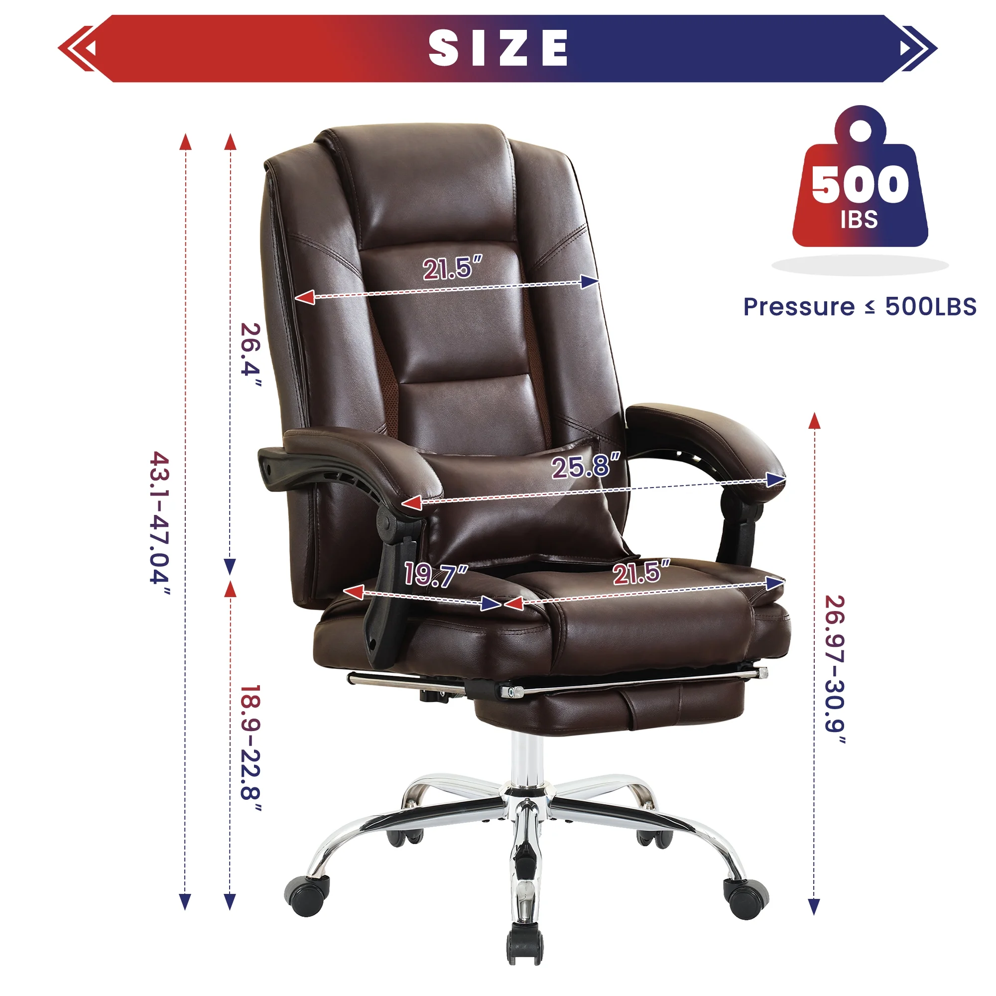 JONPONY Big and Tall Office Chair 500LBS Executive Office Chair Massage and Footrest Ergonomic Computer Desk Chair Reclining High Back Leather Office Chair Lumbar Back Support Swivel Rolling,Black
