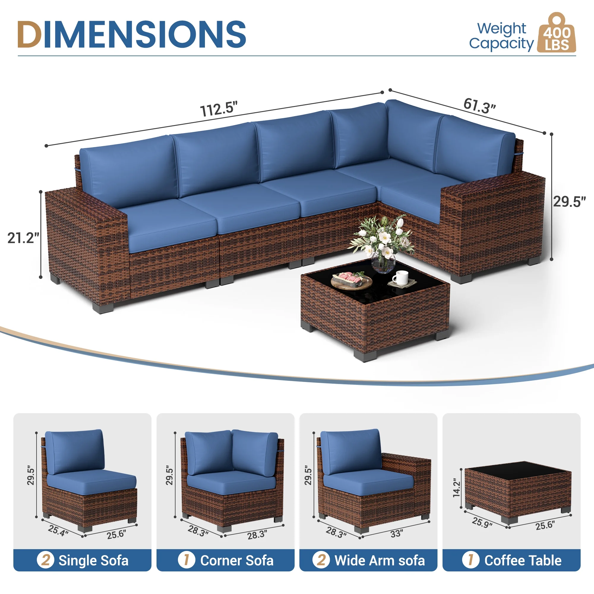 Poteban Patio Furniture Set 6 PCS Outdoor Sectional Conversation Sets Featuring Widen Wicker Armrests and High Back, Black (Waterproof Covers Included)