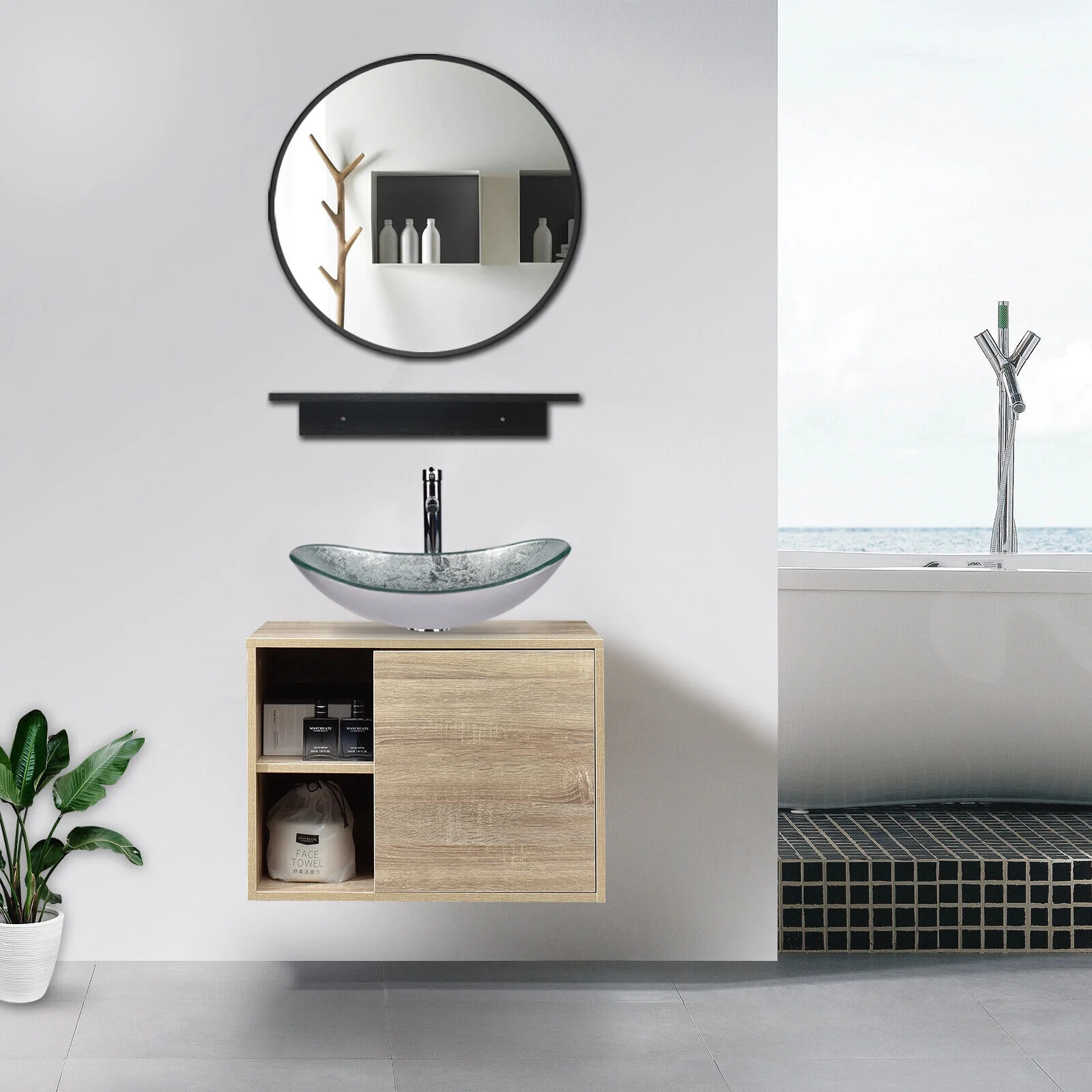 PULUOMIS Wall Mounted Bathroom Vanity Set with Mirror Storage Shelf, PVC Sheet Natural Cabinet with Black Side Panels (Cabinet + Sink)