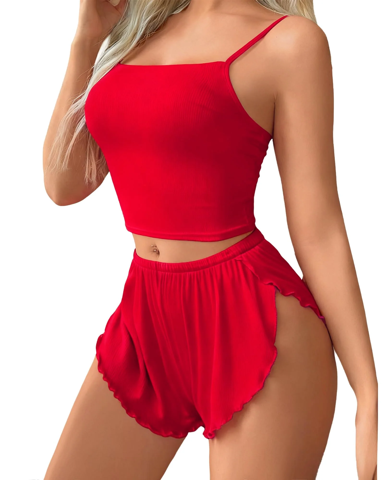 Avidlove Women's Pajama Sets 2 Piece PJ Sets for Women Sleepwear Ribbed Pajama Side Slit Nightwear Lingerie Red X-Large