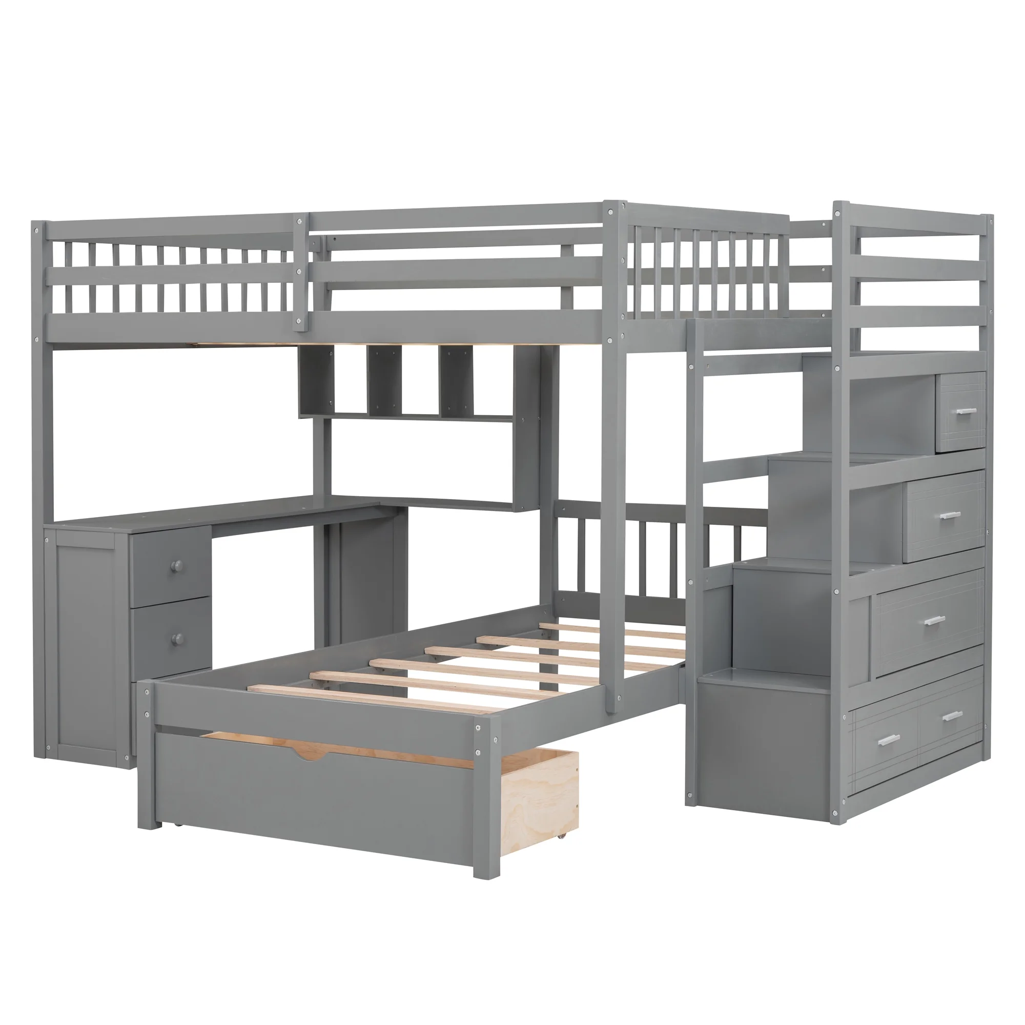 Harper & Bright Designs Full Over Twin Bunk Bed with Desk, Drawers and Shelves, L-Shaped Bunkbeds with Storage Staircase for Adults Bedroom, White