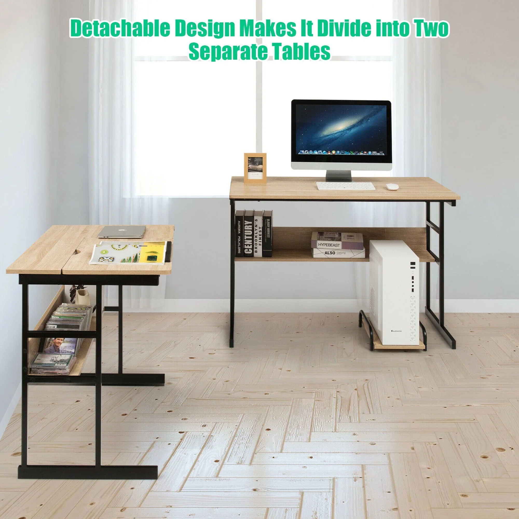 Gymax L-Shaped Computer Desk Drafting Table Workstation w/ Tiltable Tabletop Natural