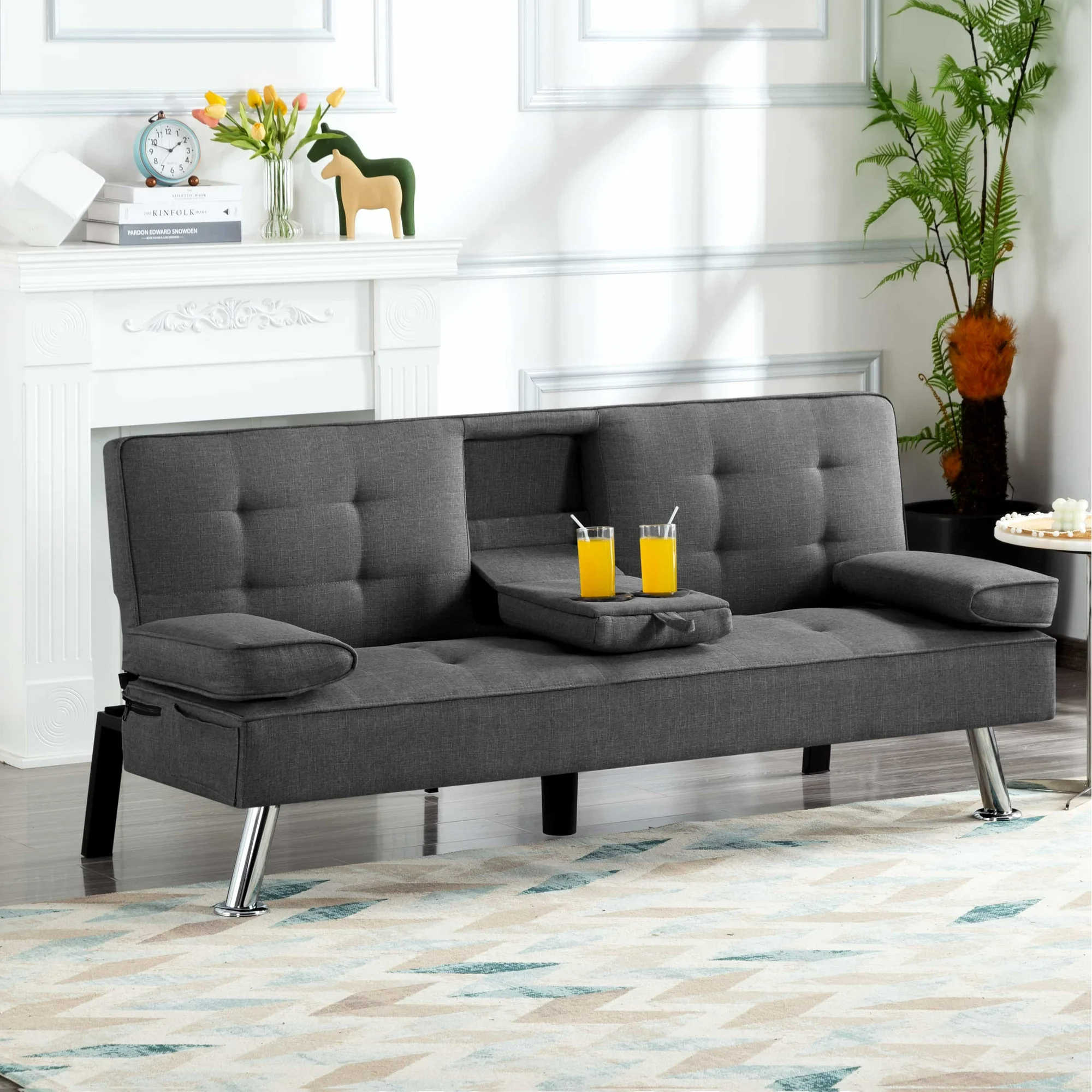 BSHTI Futon Convertible Sleeper Sofa Bed,With 3-Position Adjustable Backrest,Upholstered in Polyester Fabric,a Side Storage Pocket,Twin-Size Sleeper Sofa,Dark Gray