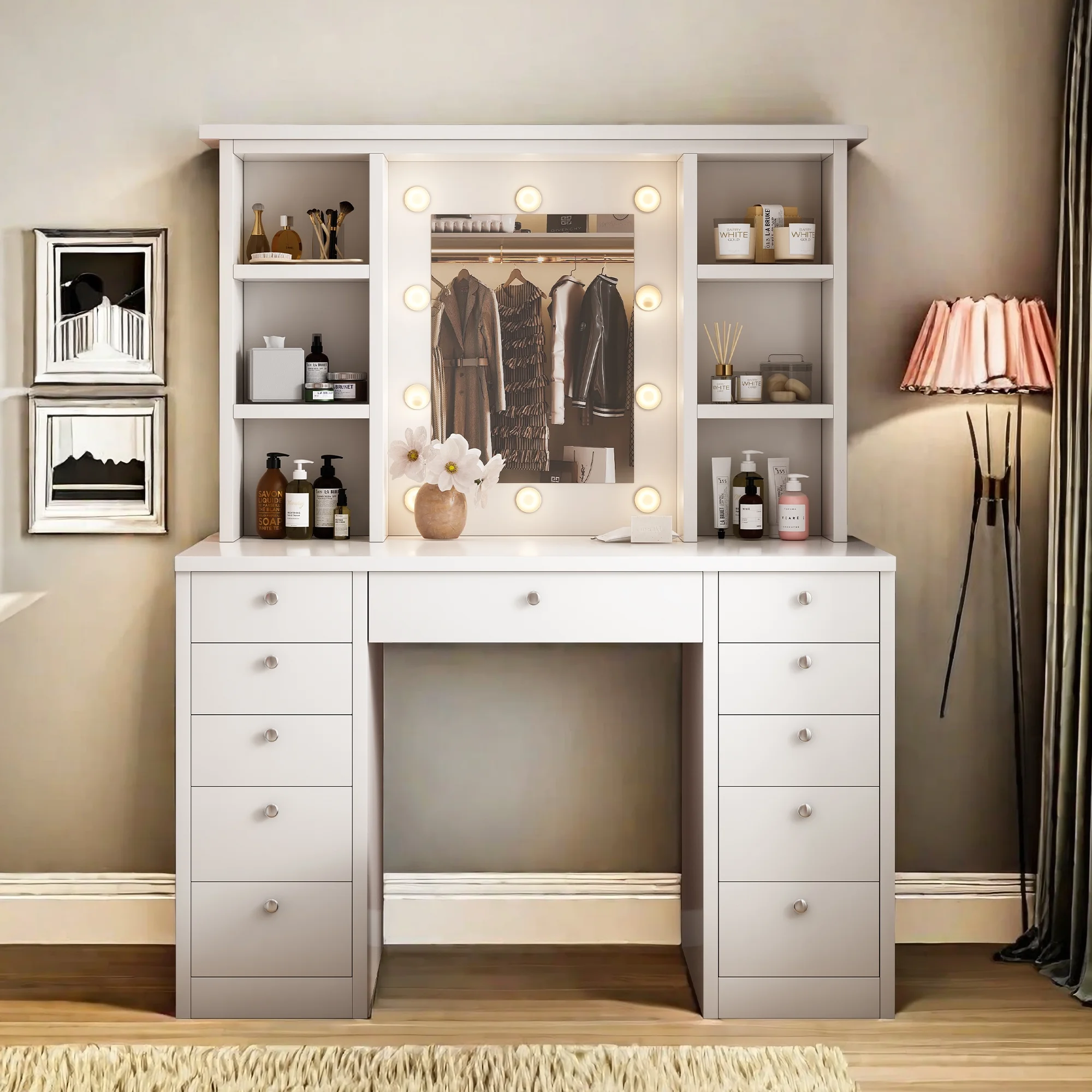 Makeup Vanity Desk with LED Mirror, 11 Drawers & Shelves, 3 Color Modes & Adjustable Brightness