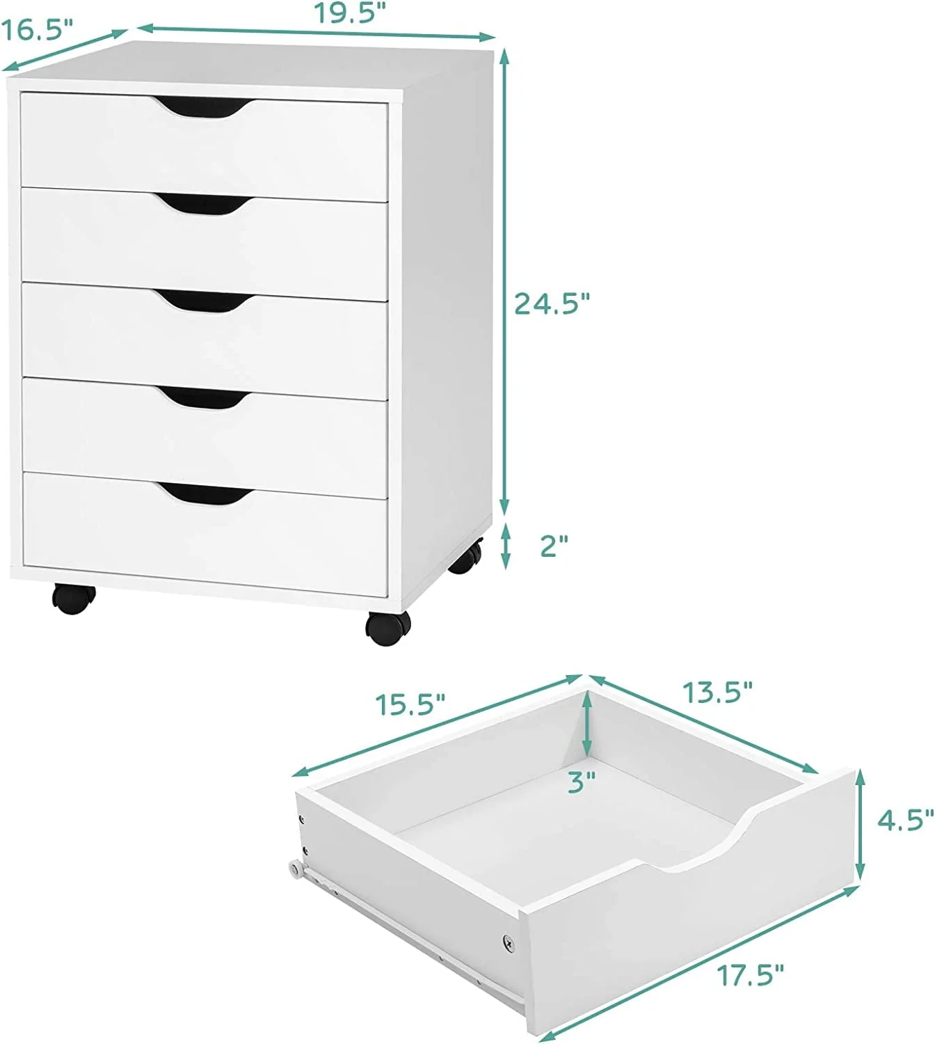 DWVO Wood File Cabinet Rolling Cart 5 Drawer Home Office Storage Organizer White