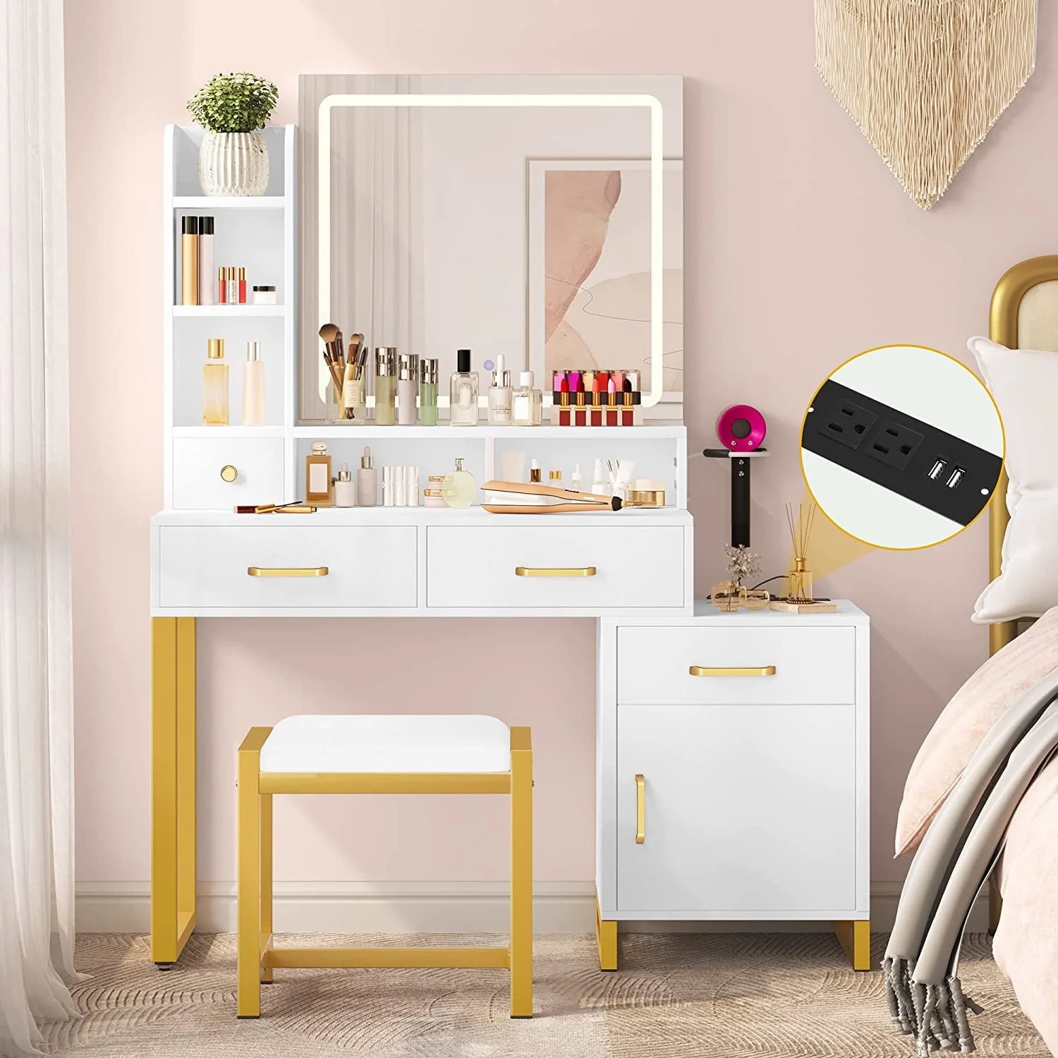 Dextrus Vanity Desk with Mirror and Lights, Makeup Vanity with Lights and Drawers, Vanity Mirror with Lights and Table Set, 3 Color Adjustable Lighting Brightness & Power Outlet, White