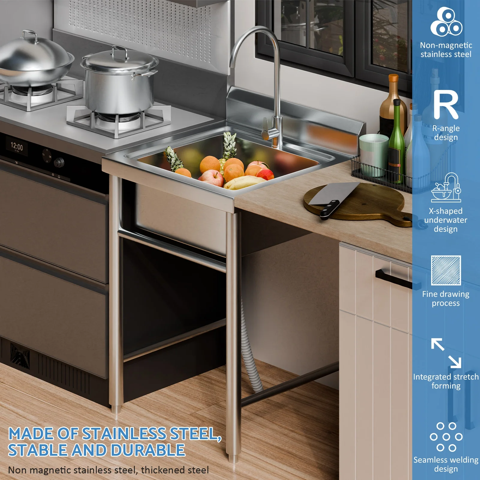 WETS Outdoor Sink, Stainless Steel Utility Sink, Freestanding Commercial Kitchen Single Bowl Sink for Restaurant, Laundry Room, Garage _Clearance Laundry Sink