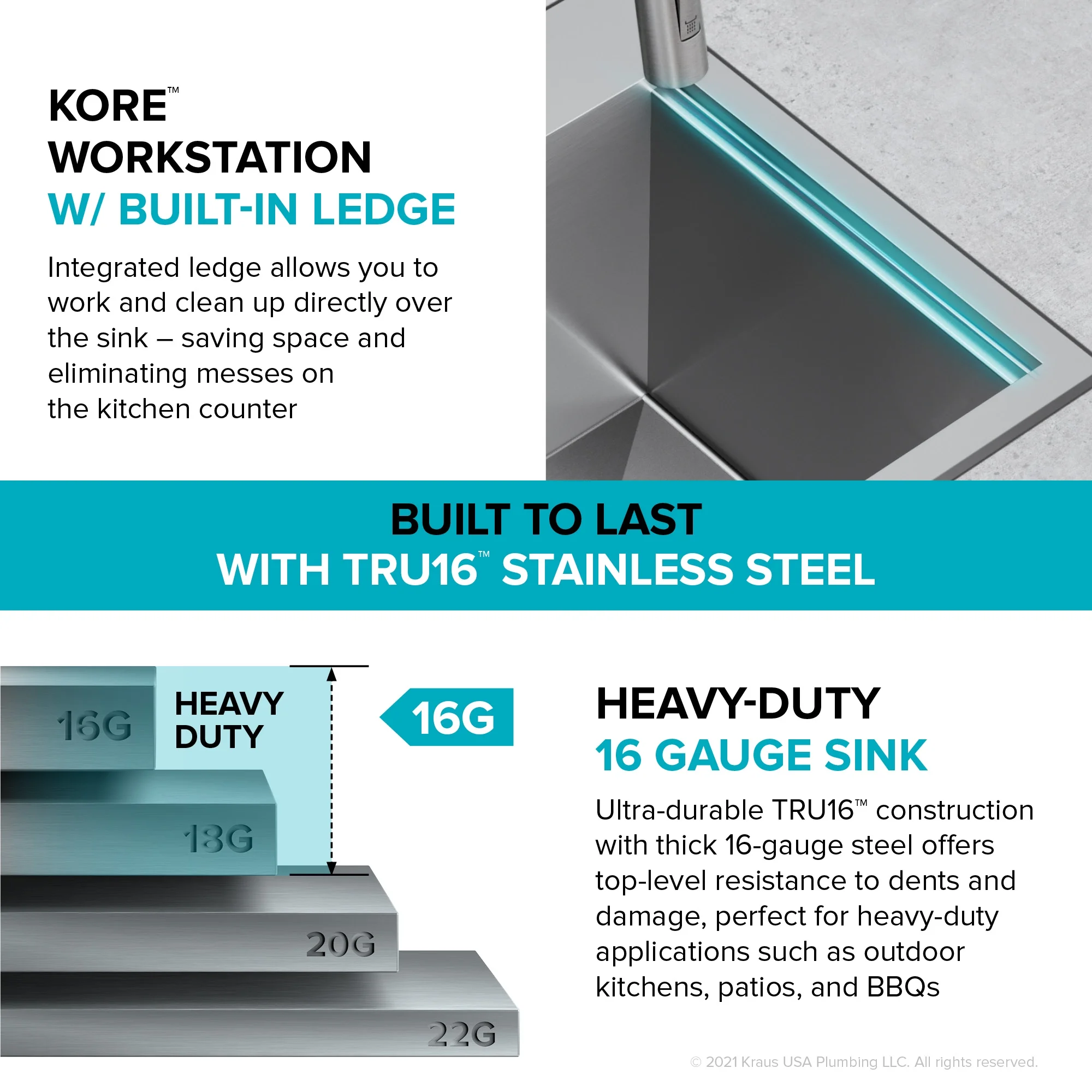 Kraus Kore 15 Outdoor Workstation Drop-In 16 Gauge Marine Grade T-316 Stainless Steel Single Bowl Kitchen Bar Sink with Accessories