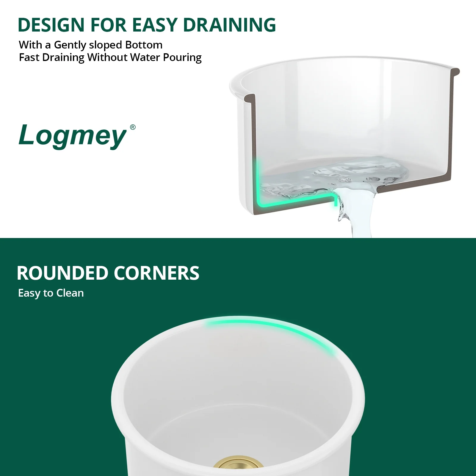 Logmey 18 Inch Round Ceramic Kitchen Sink Porcelain Small Single Bowl, White Undermount Bar Sink, Depth 8-1/3 Inch Sink, with Gold Drainer Assembly LM-WAL-LTBS3019FY-N