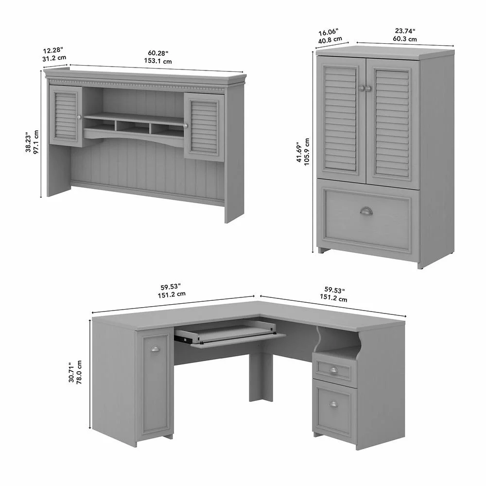 Fairview L Desk with Hutch and Storage Cabinet in White/Gray - Engineered Wood