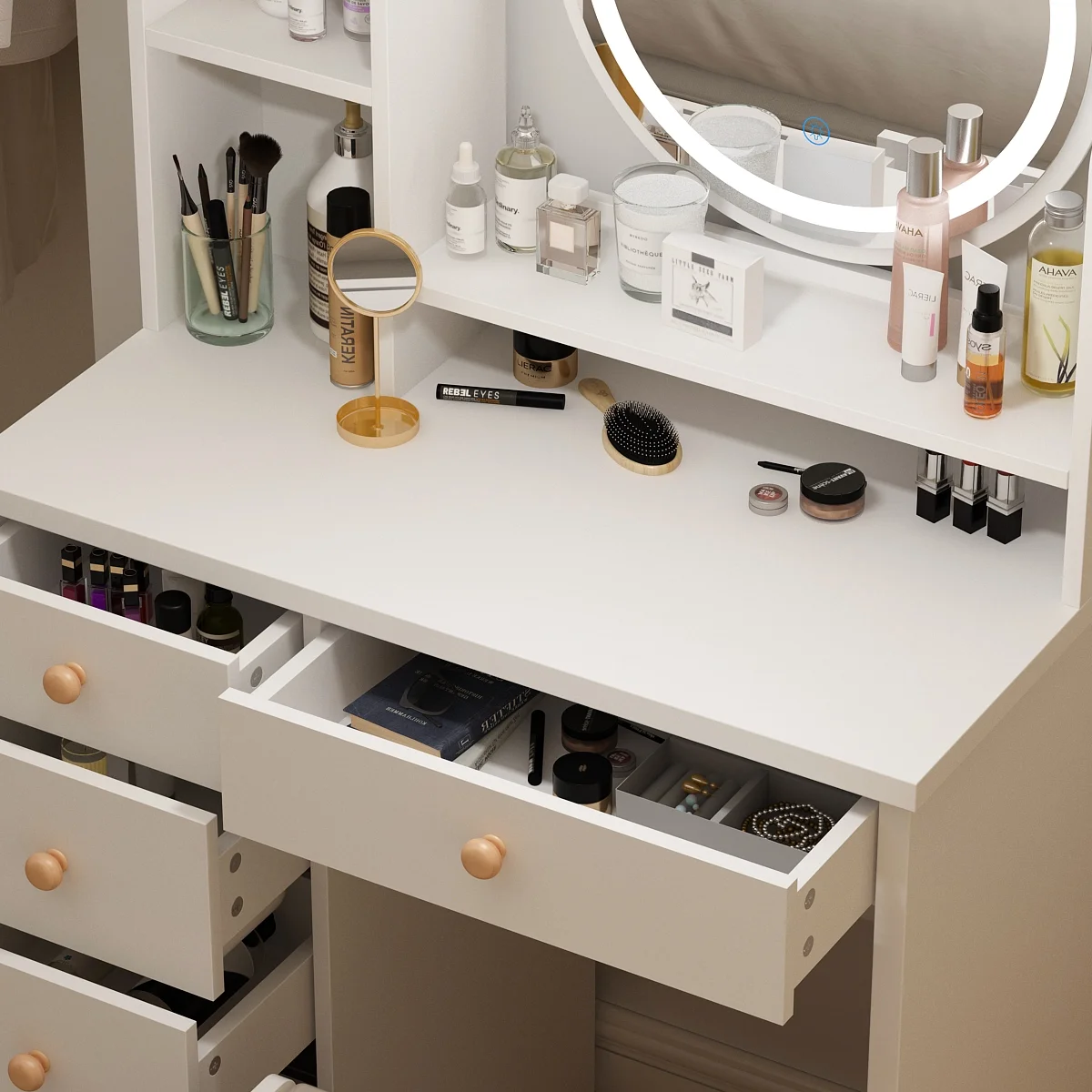 OXYLIFE Makeup Vanity Desk Table with Sliding LED Lighted Mirror, Cushion Stool, 4 Drawers and Shelves, White+Gray