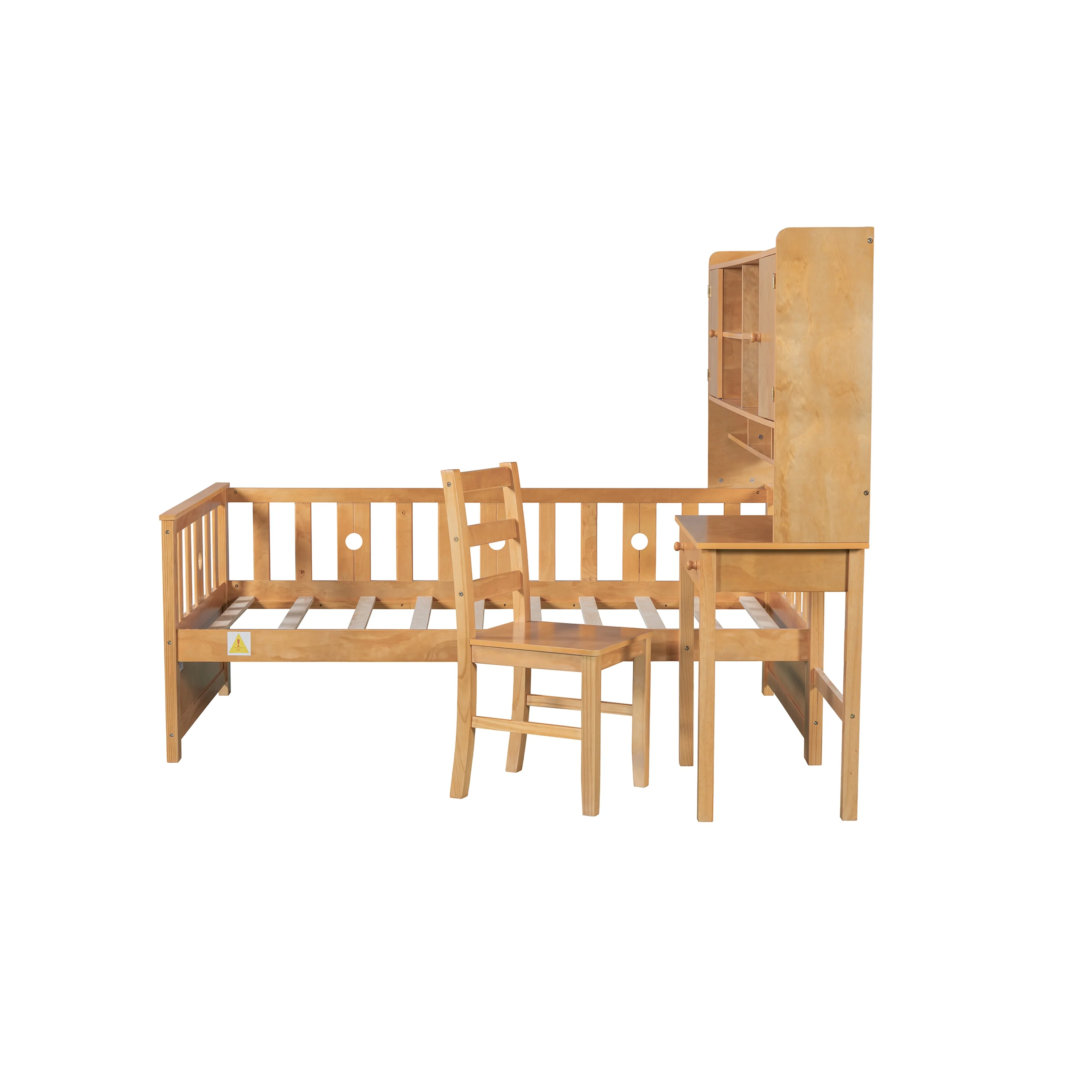 Euroco Wood Twin Size Platform Bed with Desk and Shelves, Table and Chair Set for Kids, Natural