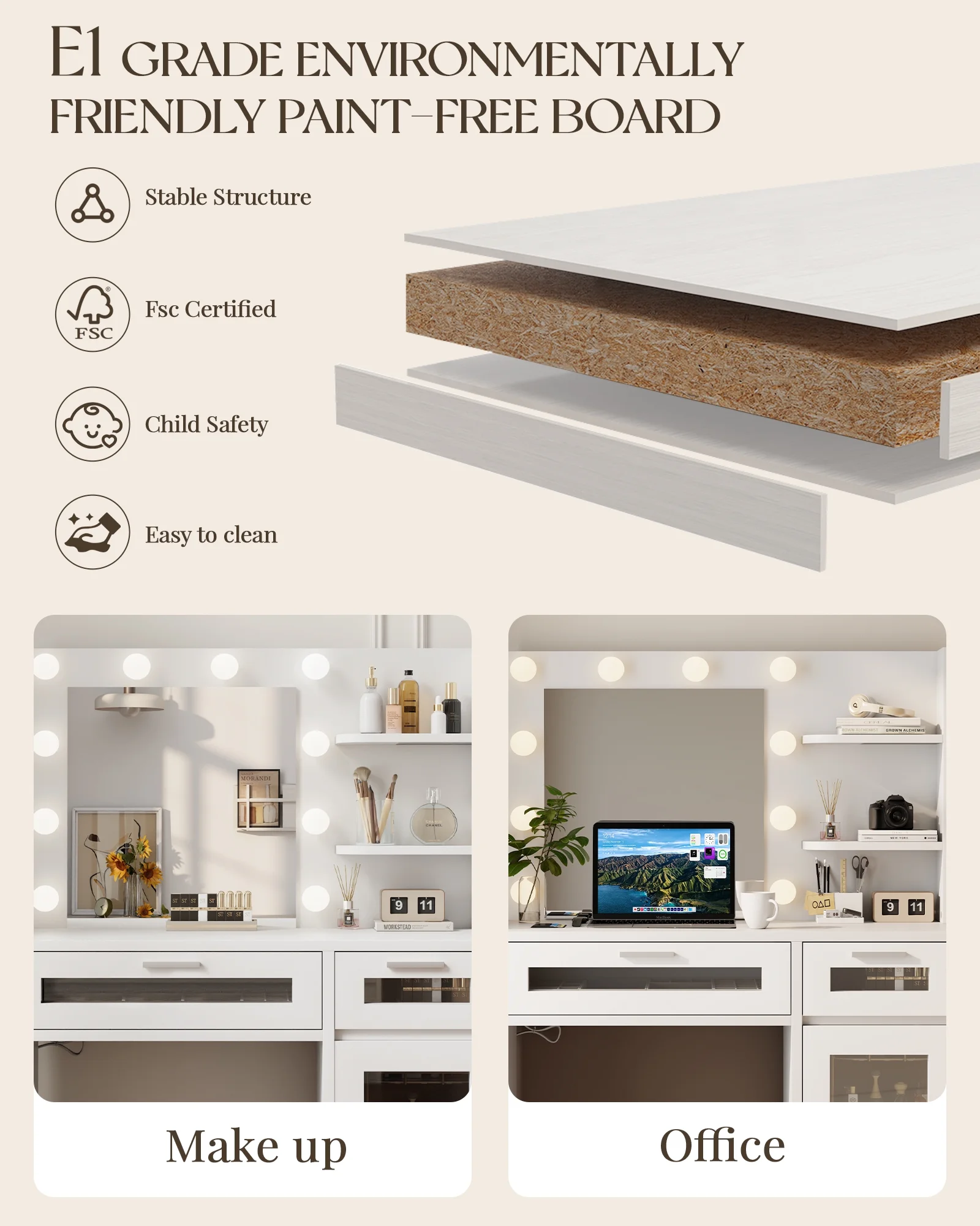LIVELYGLOW Vanity Desk with Mirror and Lights, Makeup Vanity with Drawer & Storage Shelves, Cabinet, 3 Lighting Modes Adjustable Brightness,White