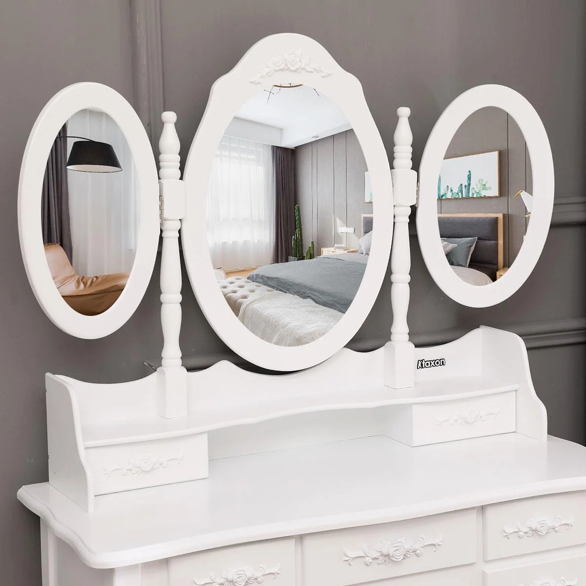 Ktaxon Vanity Set,Flip-top Mirror Dressing Table Makeup Vanity Table Writing Desk with 2 Drawers and Stool, White