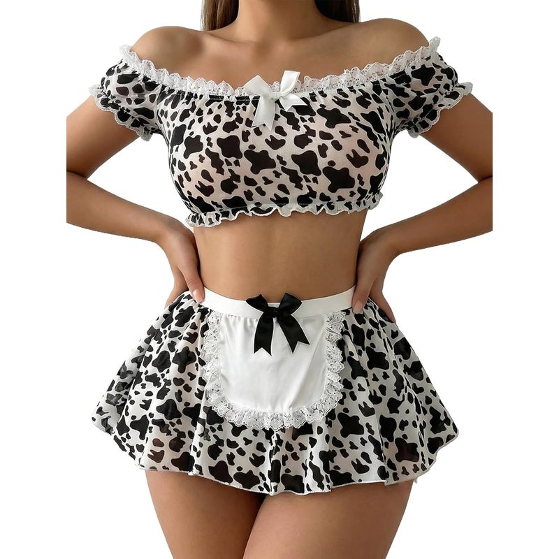 Sexy Maid Outfit Set Off-shoulder Mesh Top
