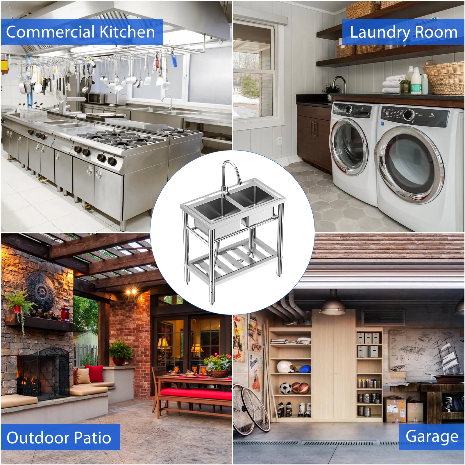 Danolapsi Stainless Steel Sink, Freestanding Double Bowl Laundry Sink with Hot & Cold Hoses, Outdoor Camping Utility Sink for Garage, Restaurant, Backyard