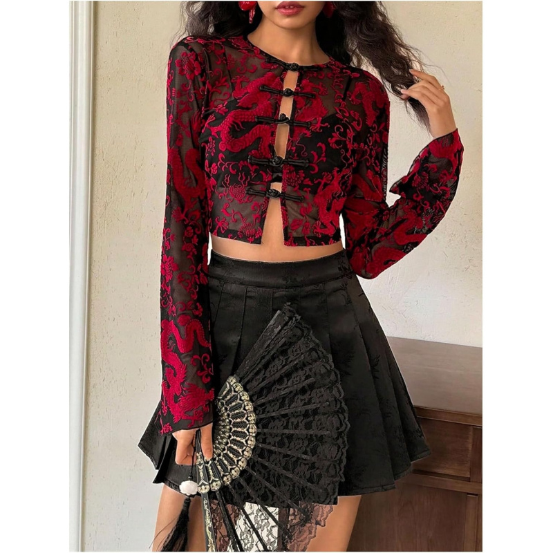 Women's Mesh Sheer Cheongsam Top Dragon Print