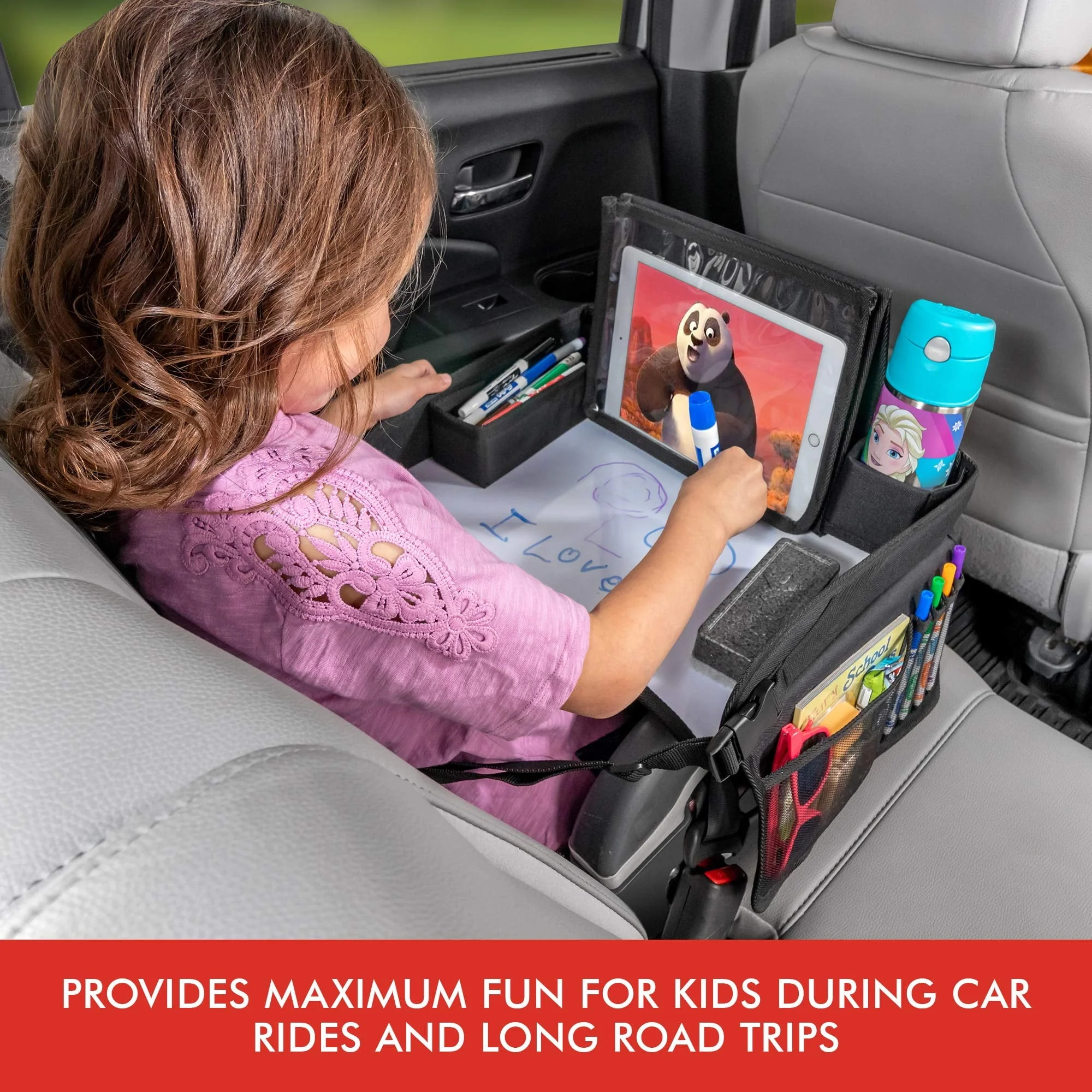 Lusso Gear Kids Travel Tray with Dry Erase Board, Road Trip Essentials Kids, No-Drop Tablet Holder, Lap Desk, Cup Holder, Toddler Toy Storage, Fits Airplane and Booster Seat (Unicorn)