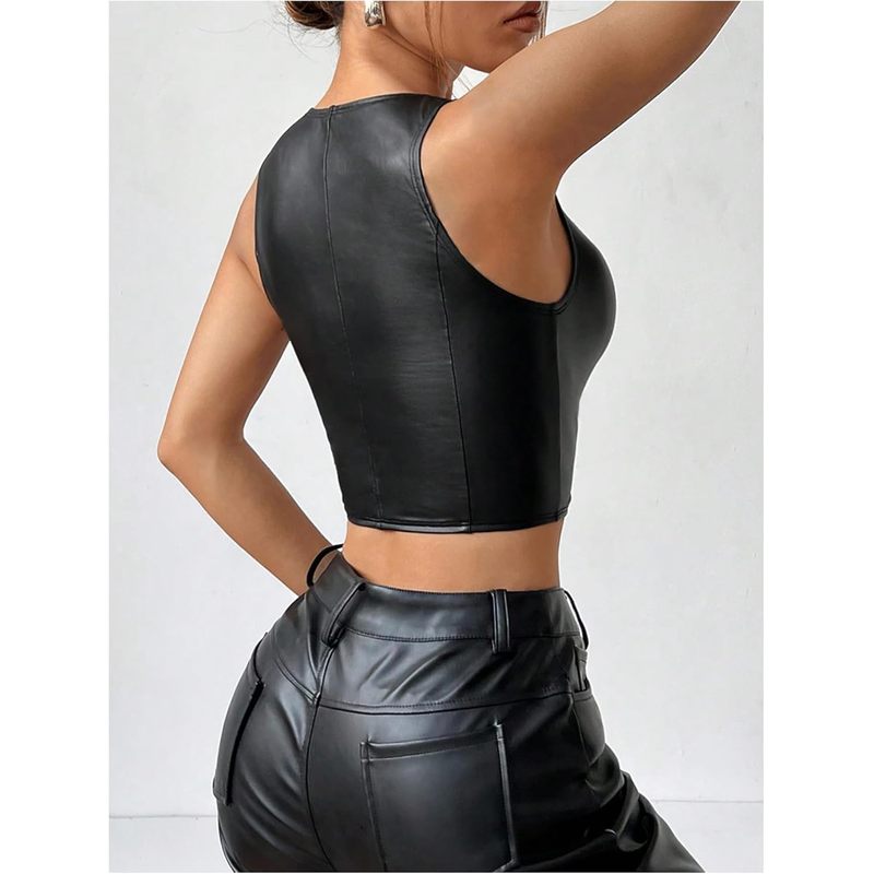 Women's Sleeveless V Neck Button Front Faux