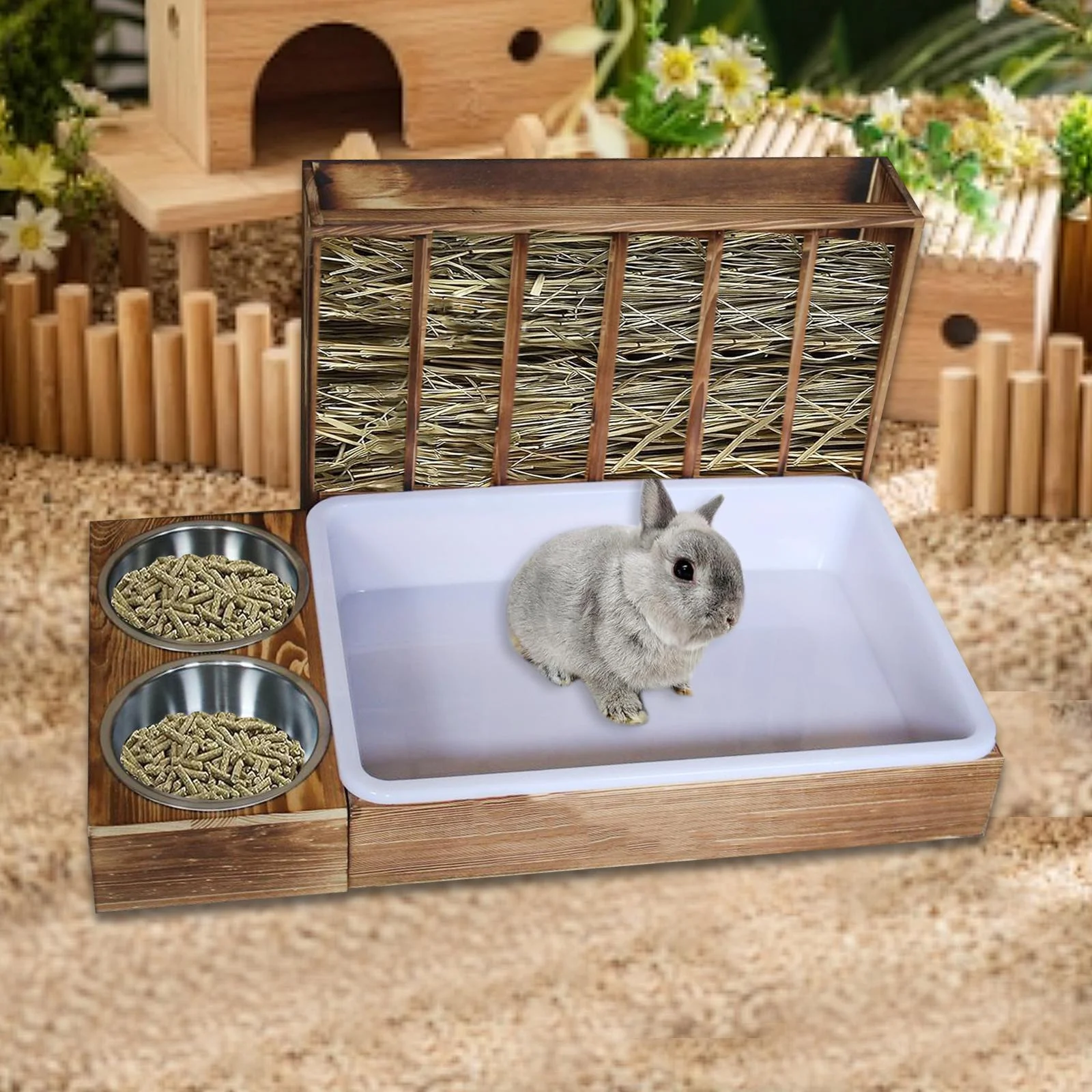 oshhni Rabbit Hay Feeder with 2 Bowls and Litter Box Cage Accessories Hay Container