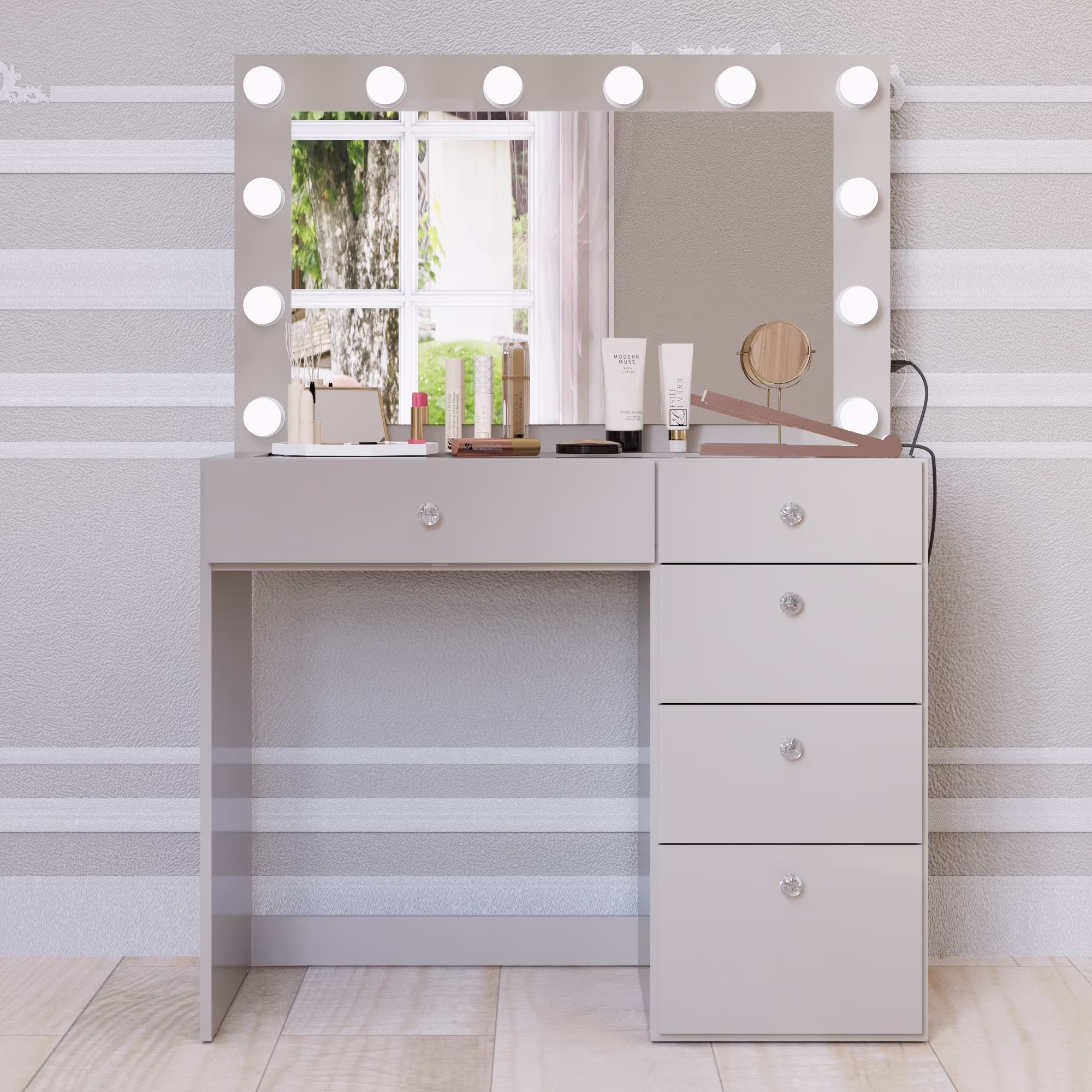 Ember Interiors Ghada Modern Brown Makeup Vanity Desk with Built-in Lights and USB Port for Bedroom