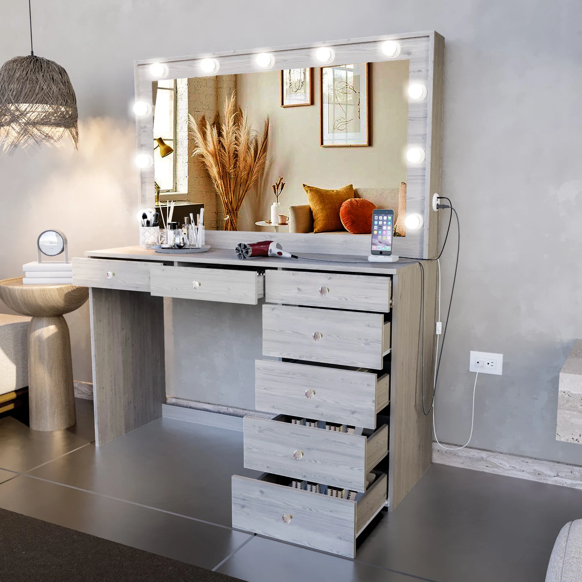 Ember Interiors Peggy Vanity Desk with Lighted Mirror and USB Ports