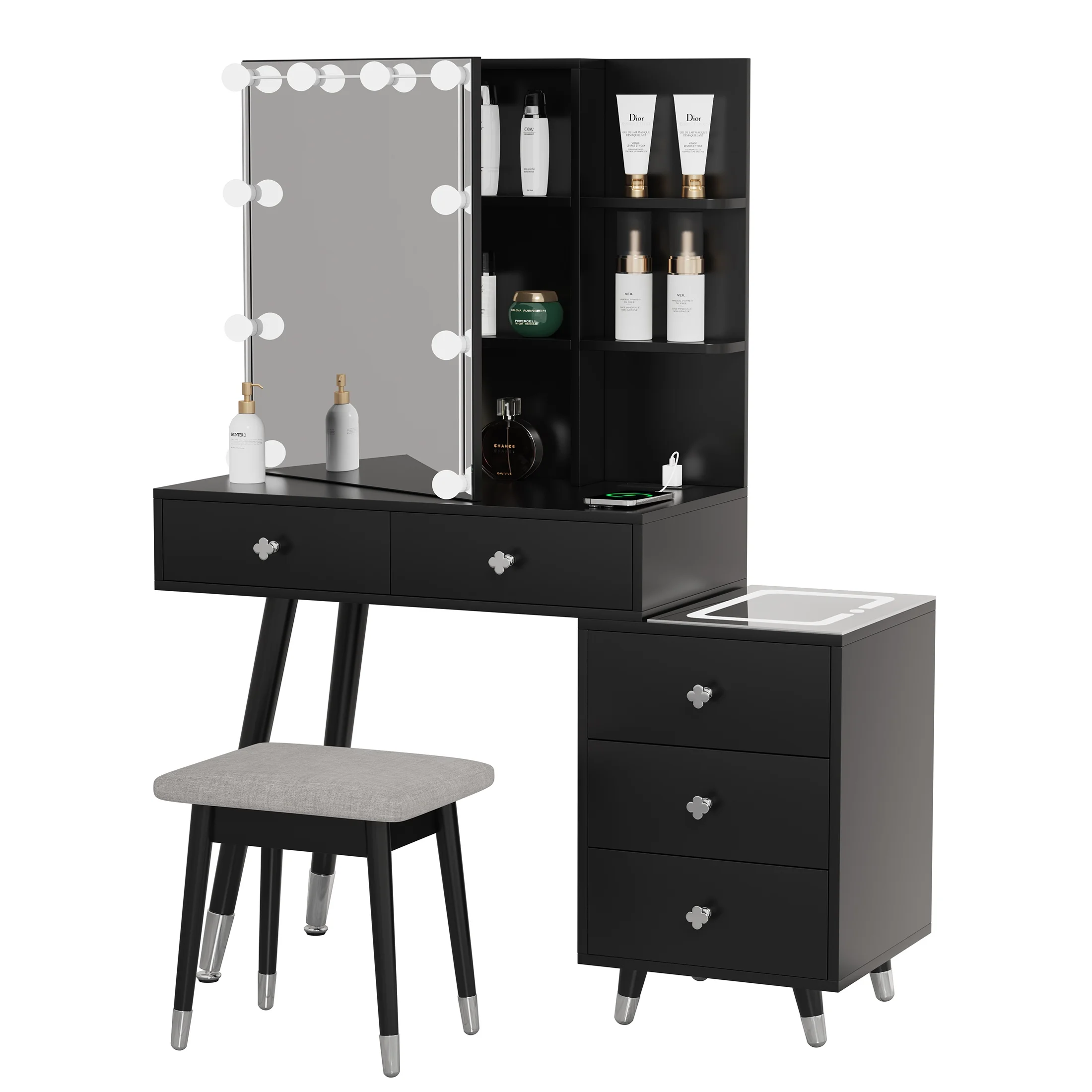Vanity Set with Stool, Black Vanity Desk with Mirror, 5 Drawers and 2-Layer Shelves, LED Three-Tone Lighting, Particle Board With Triamine Coating, Solid Wood Legs With Copper Sheath Decoration