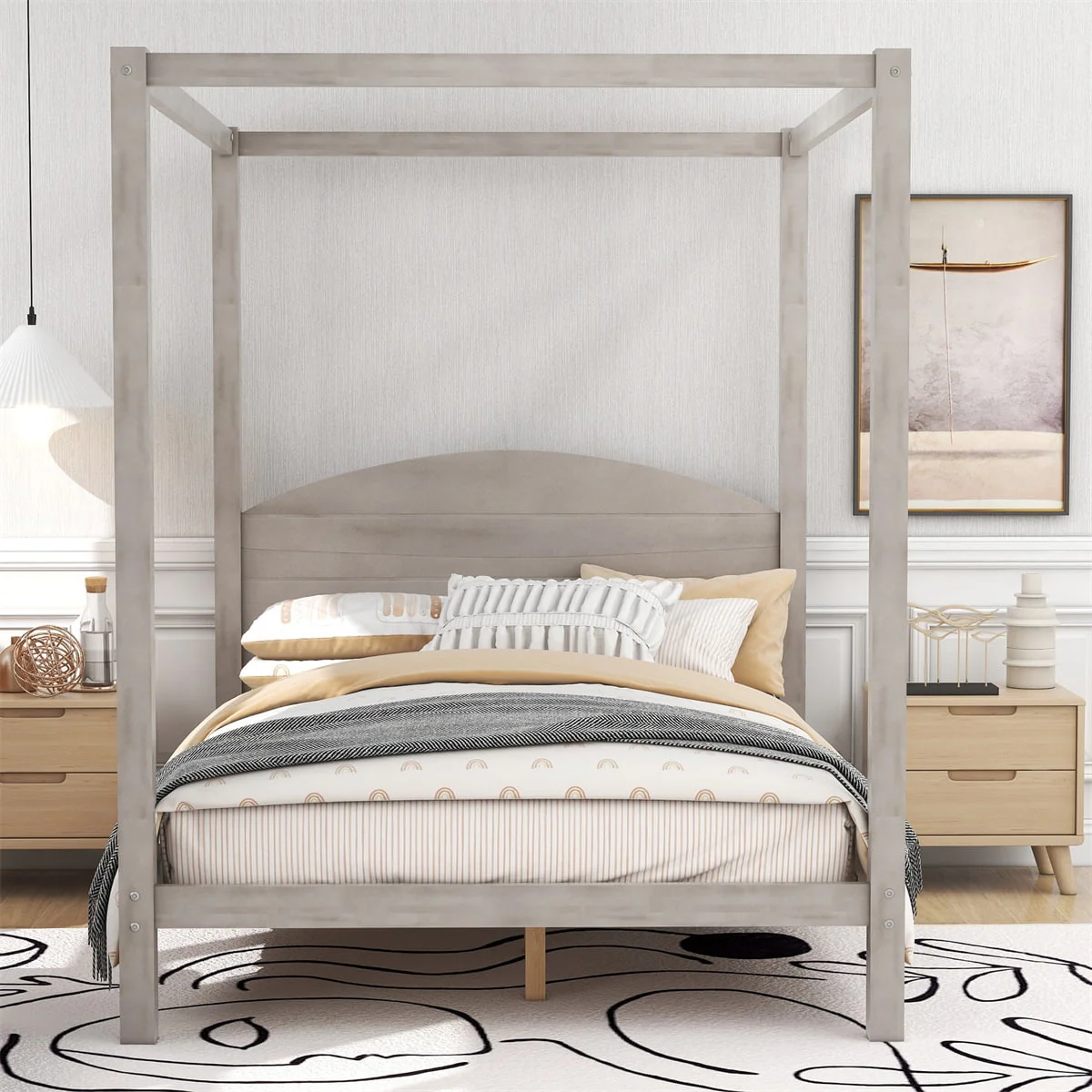 Full Size Canopy Bed with Headboard,Modern 4-Post Canopy Platform Bed Frame with Wood Support Legs and Underbed Space,Solid Wood Canopy Bed Frame for Kids Teens Adults,No Box Spring Needed,Grey