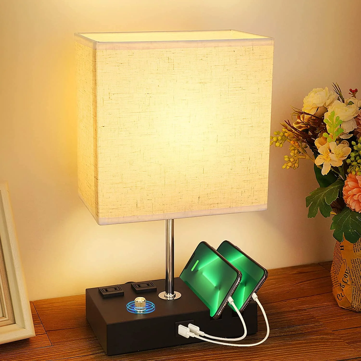 Bedside Table Lamp for Bedroom with Dual Fast USB Charging Ports, Fully Dimmable Nightstand Lamps with 2 Phone Stands and 2 Charging Outlets, Desk lamp with Fabric Shade for Living Room