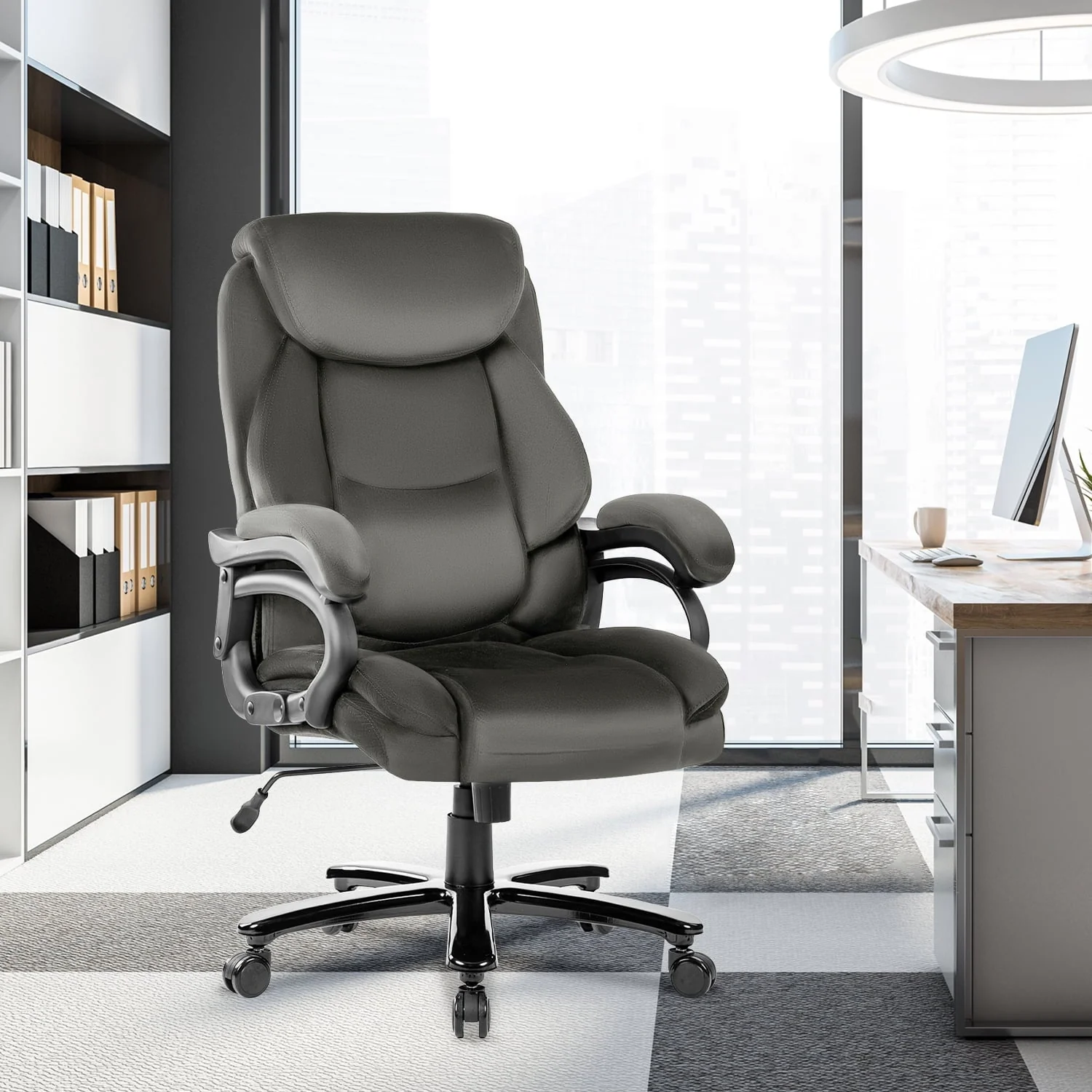JONPONY Home Office Chair, Big and Tall Chair 8 Hours Heavy Duty Design, Ergonomic High Back Cushion Lumbar Back Support, Computer Desk Chair, Adjustable Executive Leather Chair with Arms,Grey