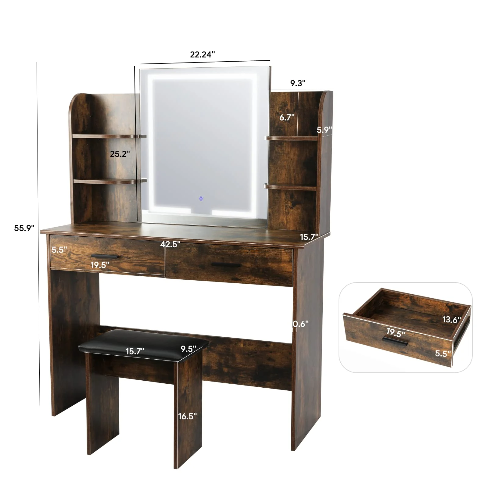 RichYa Modern Makeup Vanity Set with Lights Mirror and Drawers,White Makeup Desk,Dressing Table