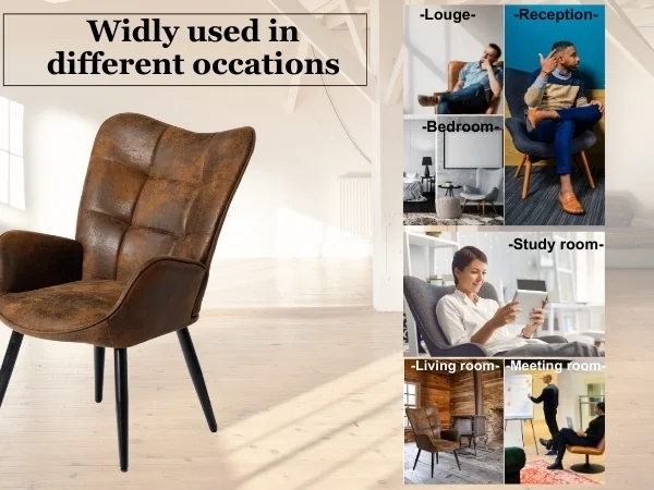 Living Room Desk Chair Leisure Chair - Nursery Desk chairs with Tufted Upholstery Wing Mid Back Metal Legs, Brown Suede Black Metal