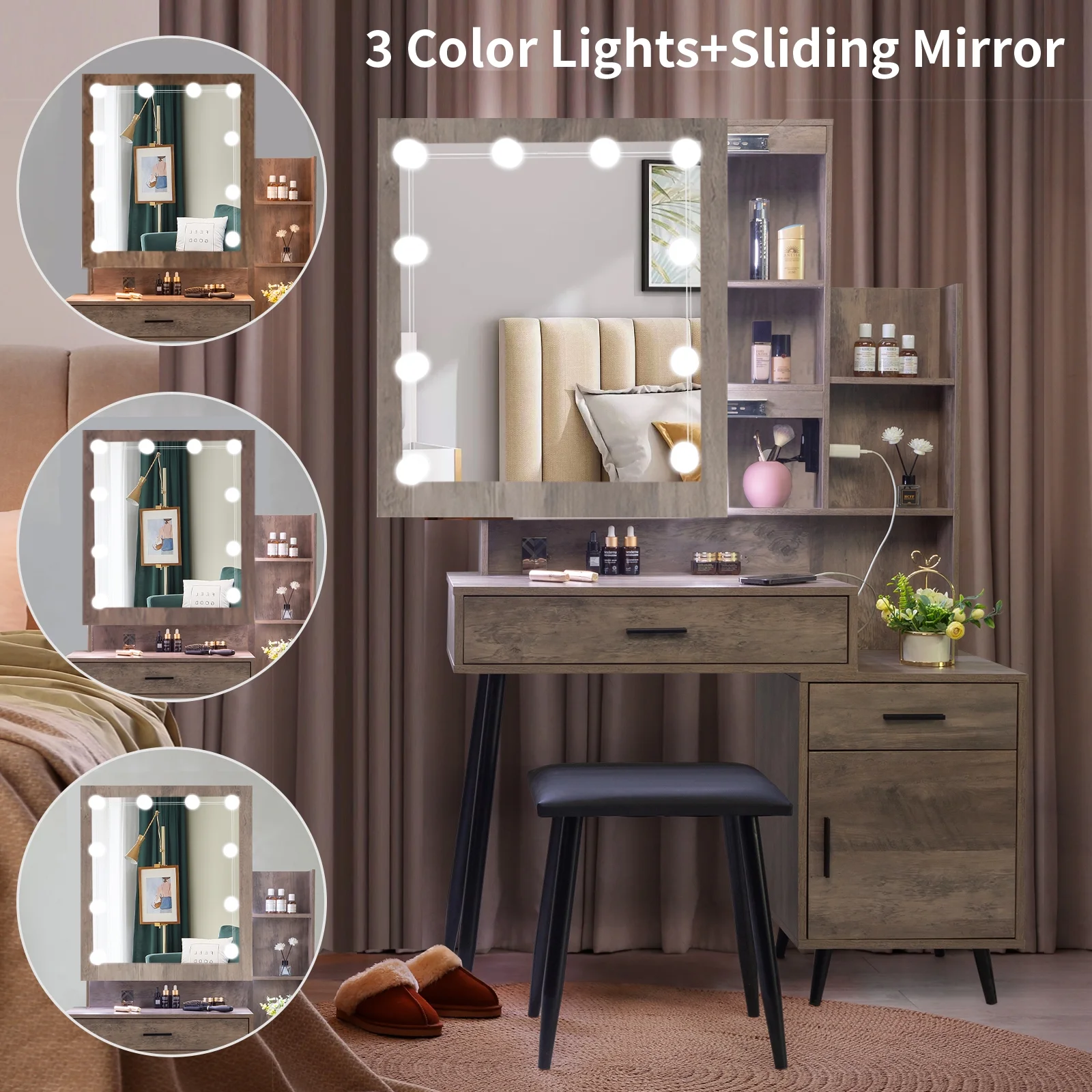 Ktaxon Vanity Set with 3 Color Lighted Mirror & Charging Station, Makeup Table with 3 Storage Shelves & Drawers, Dressing Table Makeup Desk with Stool,Retro Gray