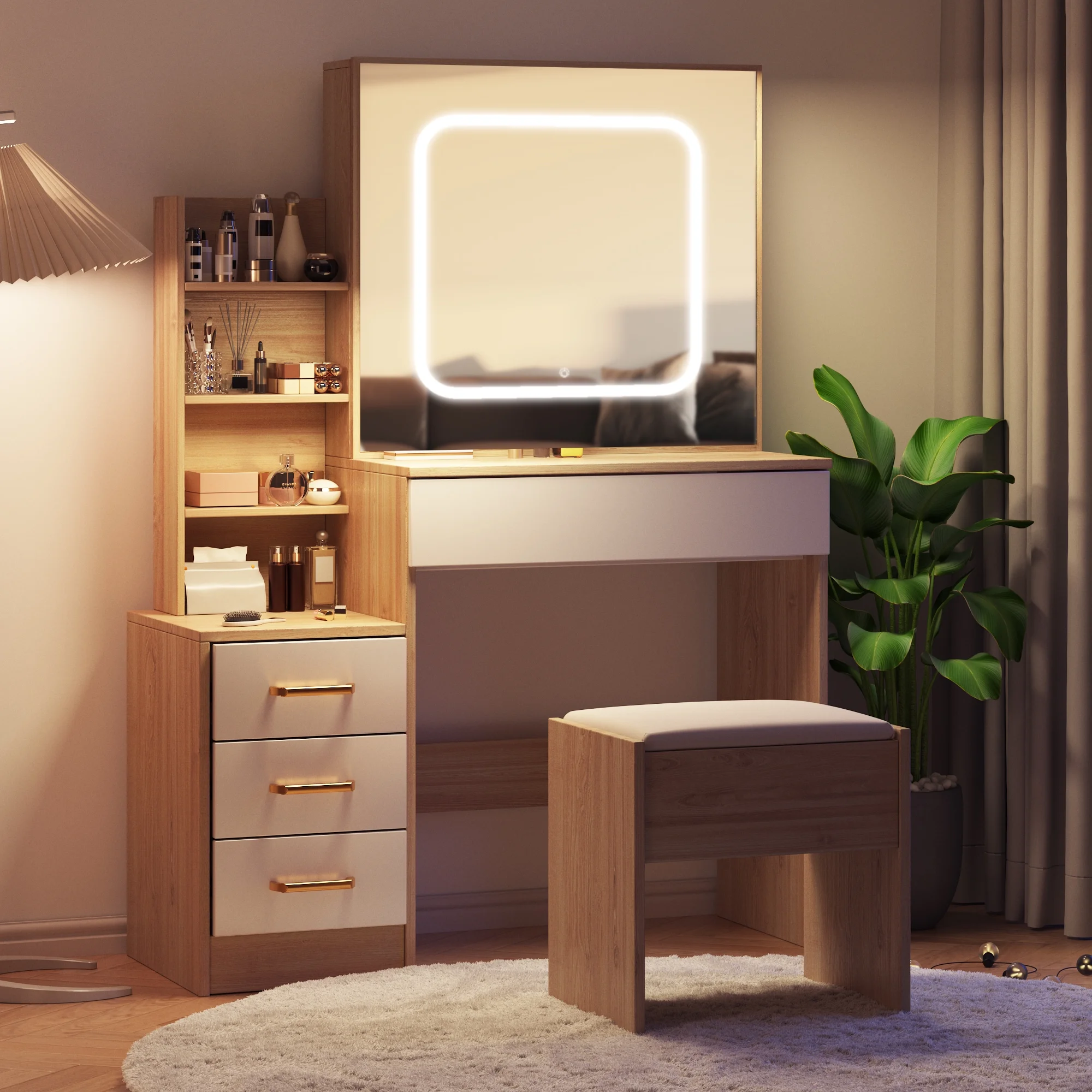 Vanity Desk with Sliding Mirror and Lights, Makeup Vanity Set with 4 Drawers, Stool, Power Outlet, Open Shelves, 3 Color Adjustable Lighting Modes, Makeup Dressing Table for Bedroom, White