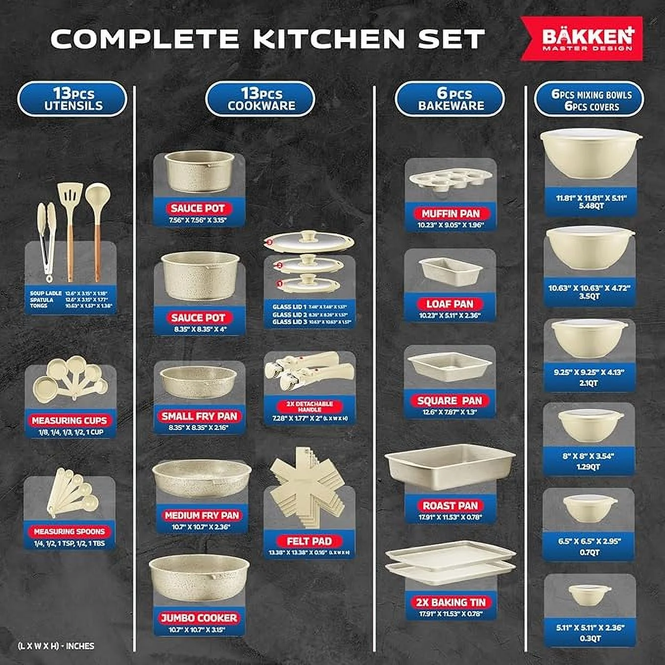 Bakken Master 38 Piece Granite Cookware and Bakeware Set �C Nonstick Granite Coating, Pots and Pans with Detachable Handles and Tempered Glass Lids, 6-piece Bakeware set, 12-piece Mixing Bowls,Brown
