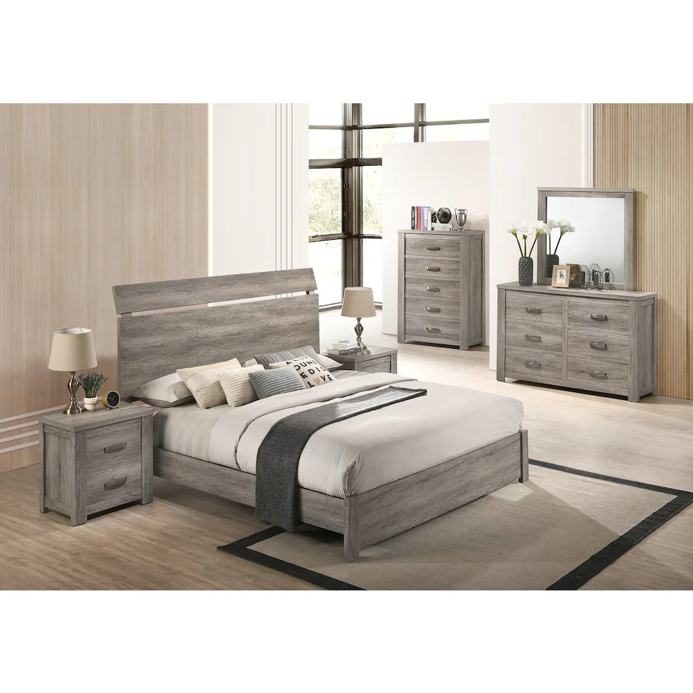 Roundhill Furniture living room Floren Contemporary Weathered Gray Wood Bedroom Set, King Panel Bed, Dresser, Mirror, Two Nightstands, Chest