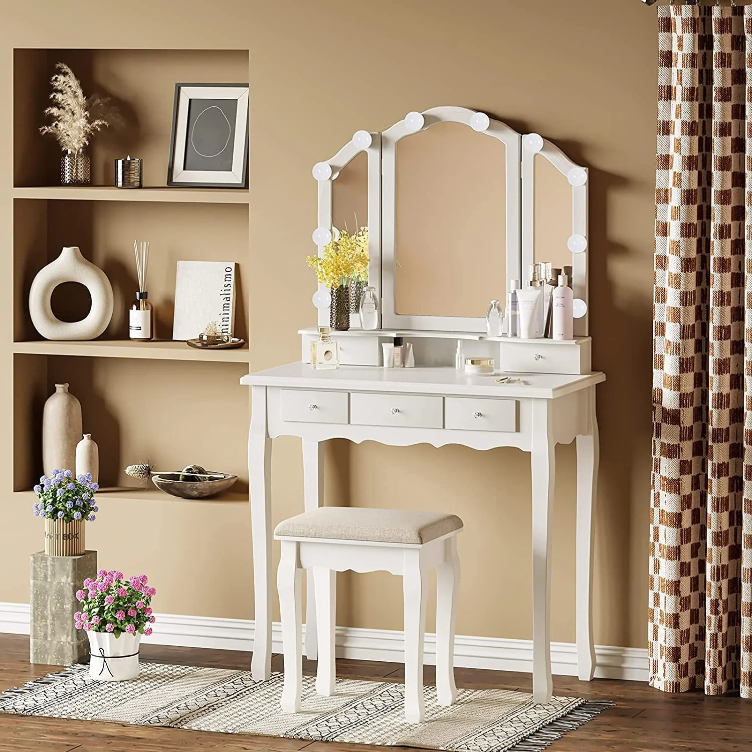 Makeup Vanity Set Desk Table with with Lights & Tri-Folding Mirror,Dressing Table with Cushion Stool & 5 Drawers, White