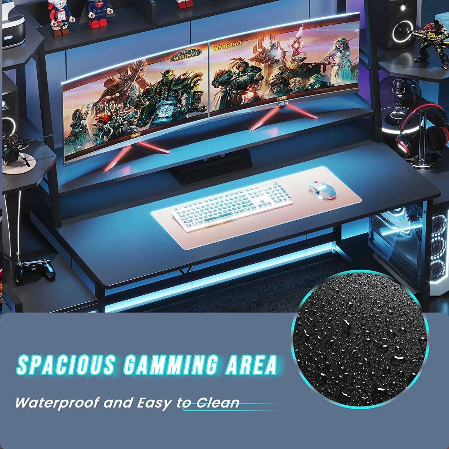 78.8 Inches Gaming Desk with LED Lights, Hutch and Storage Shelves, Ergonomic Computer Desk, Black
