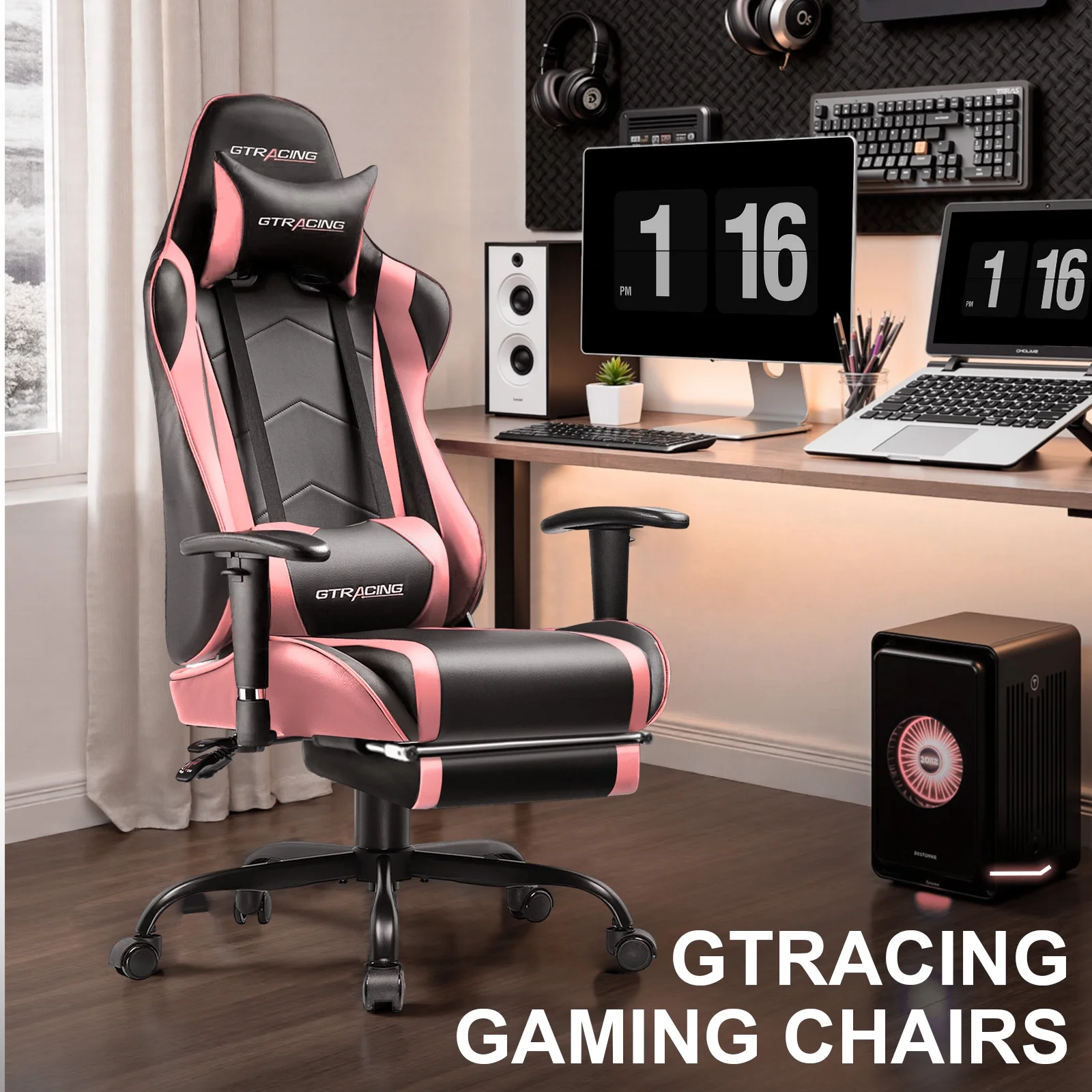 GTRACING Gaming Chair, Ergonomic Office Desk Chair with Lumbar Support, PU Leather, Footrest & Adjustable Headrest, Red